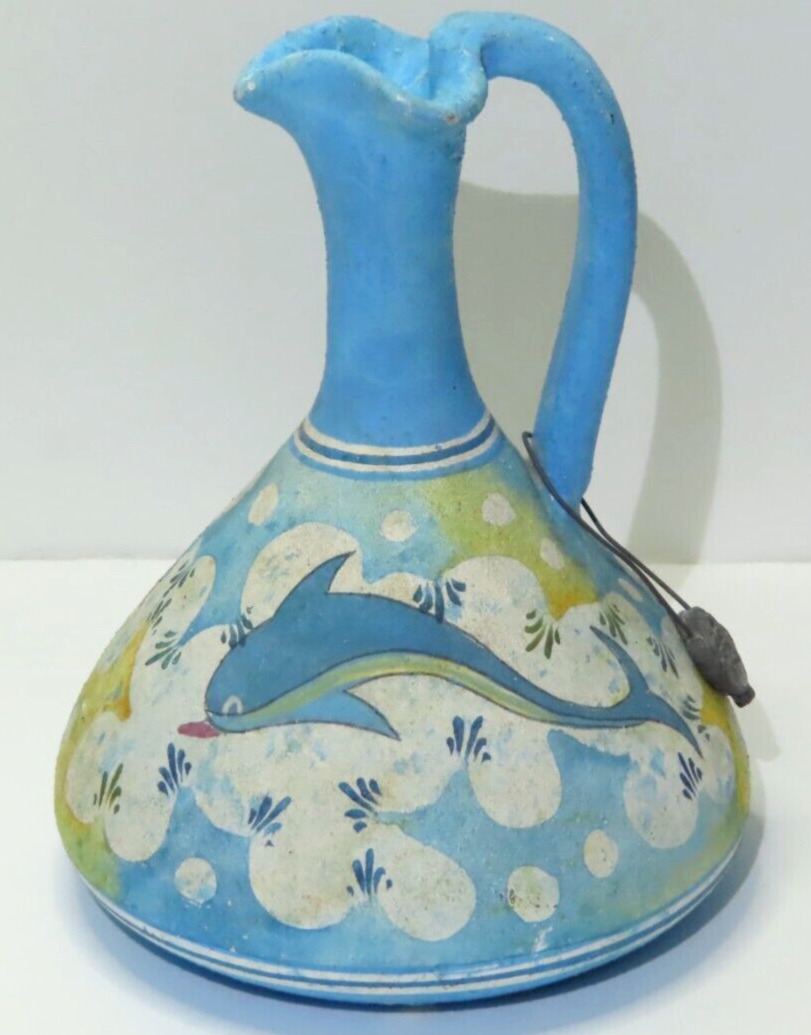 Small Kreta Greek Blue Vase Hand Painted Jug Museum Copy 500 BC Dolphins 5\