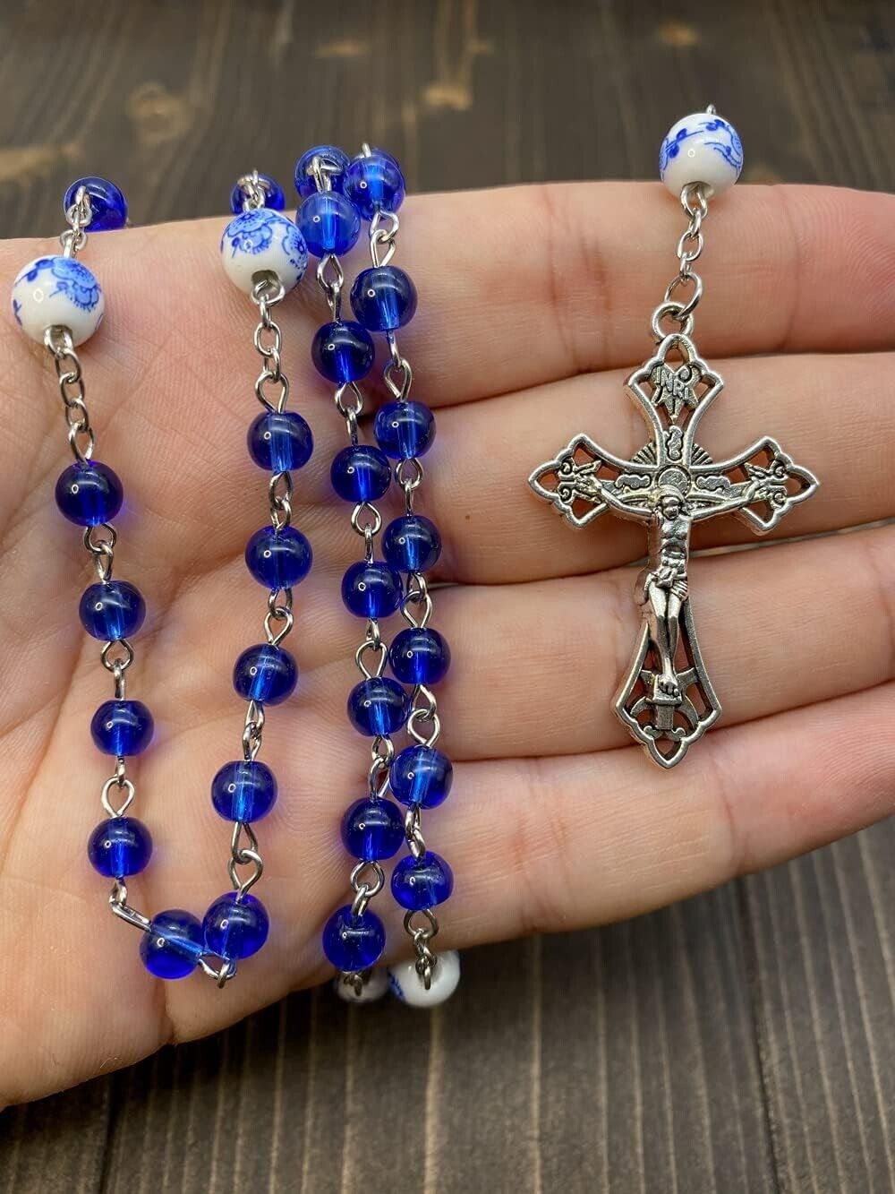 Blue Glass beaded Rosary Catholic White Flowers Beaded Necklace Cross Crucifix