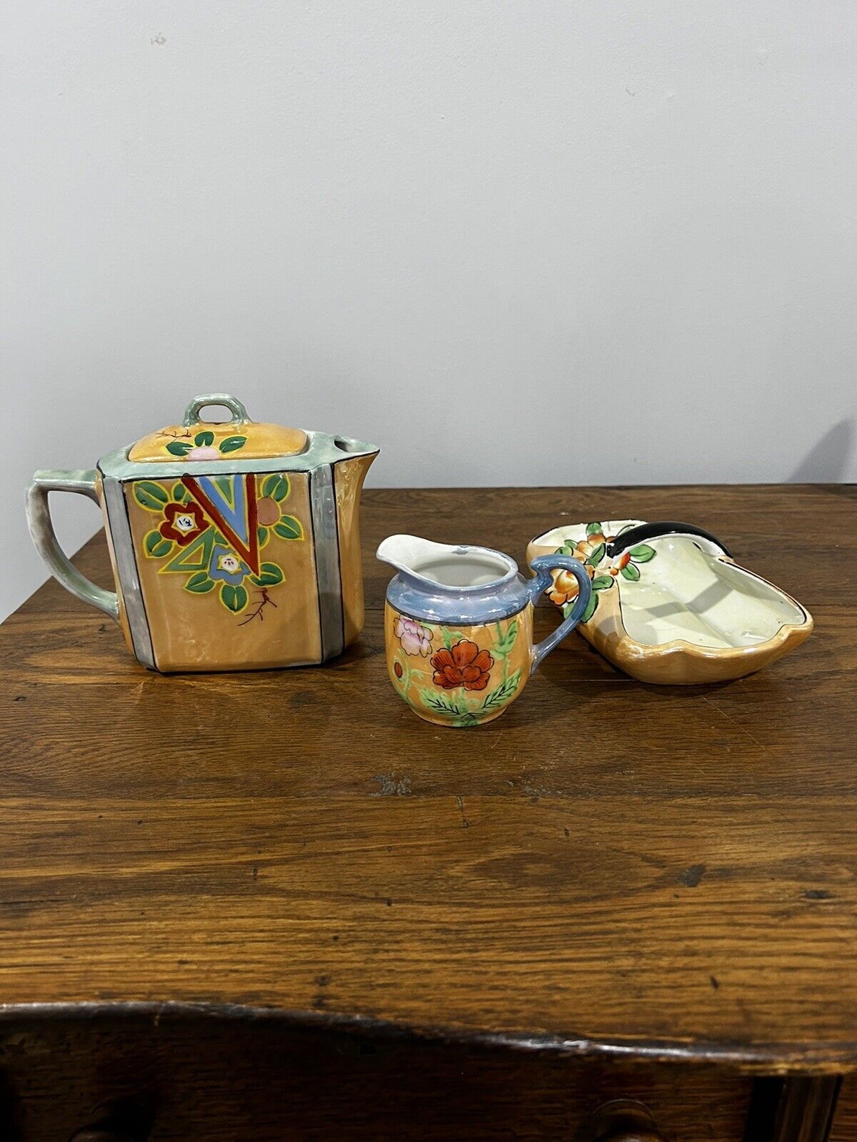 Vintage Japanese Lustre Ware Teapot, Dish And Creamer ,Hand Painted  .