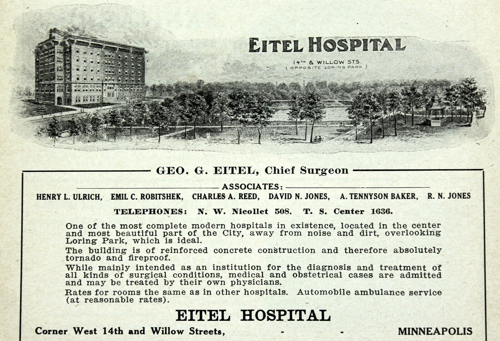 1916 EITEL HOSPITAL Minneapolis Advertising Original Antique Print Ad