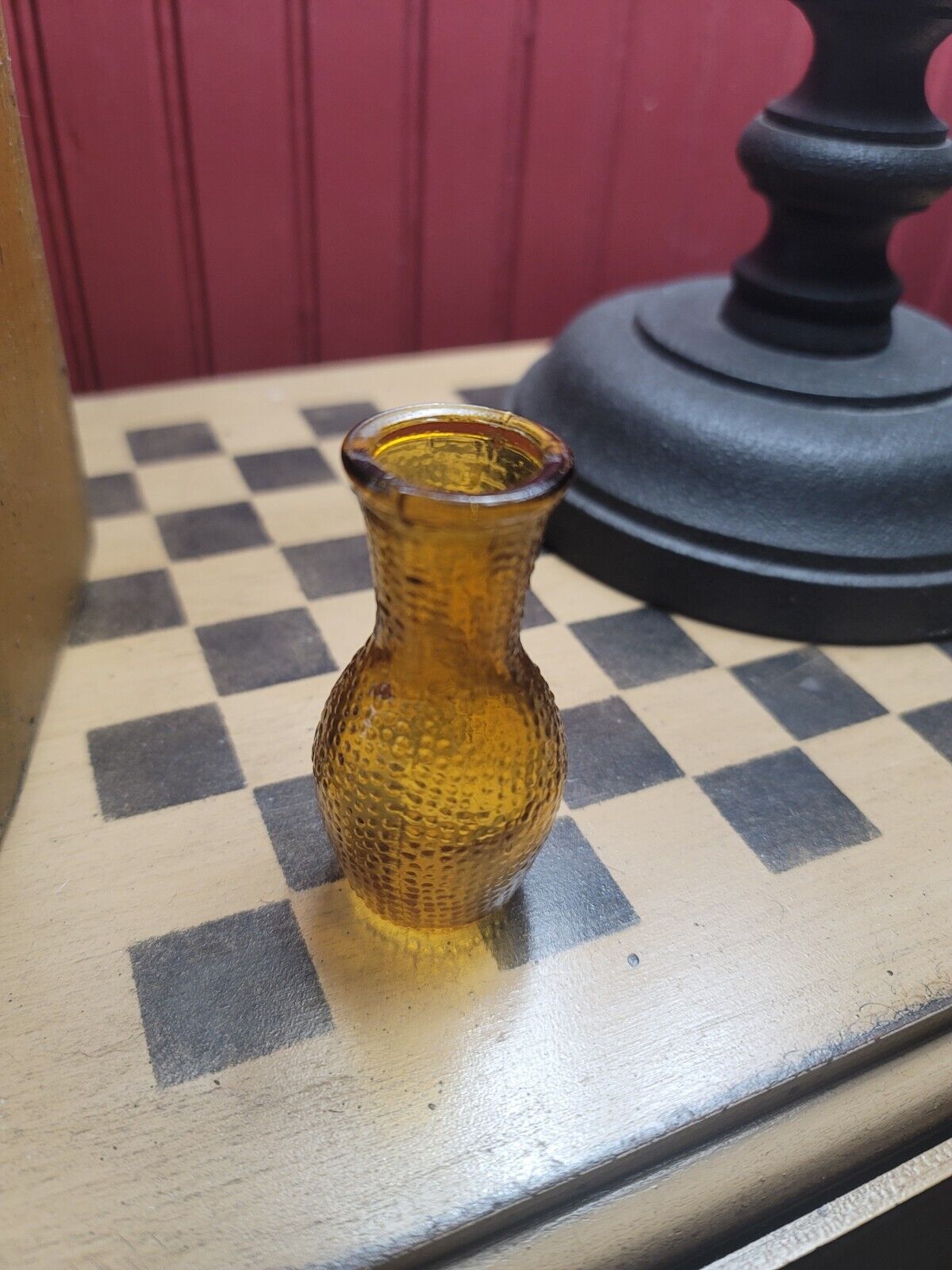 Vintage Miniature  Amber Glass Vase Hobnail Bubbles in glass Unique made Taiwan.