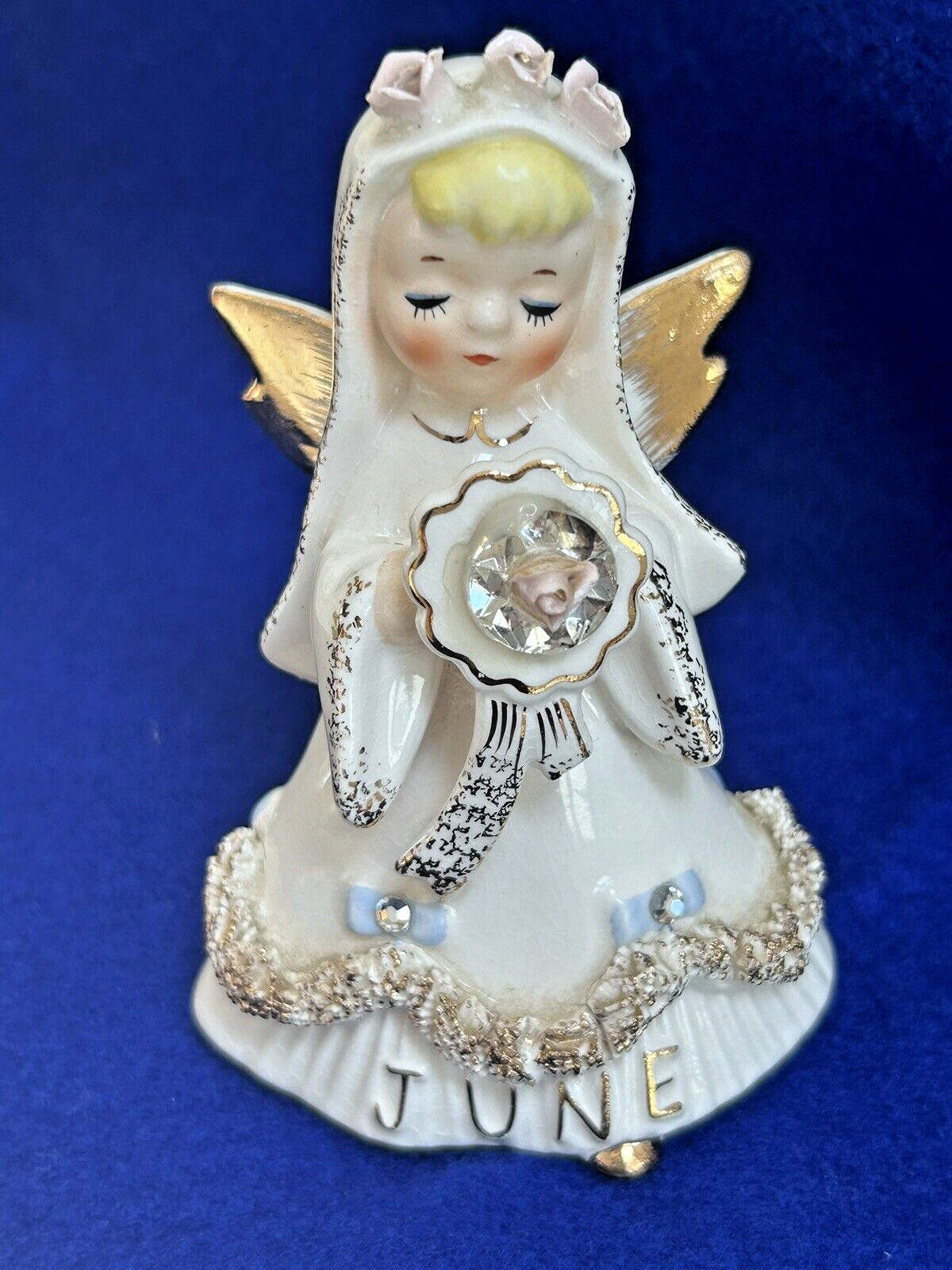 Lefton JUNE Bride Wedding Birthday Girl Angel Figurine Rhinestones Vintage 1950s