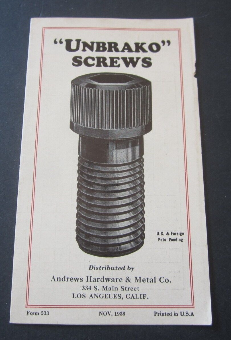 Old Vintage 1938 UNBRAKO SCREWS Advertising Brochure - Andrews Hardware - L.A.