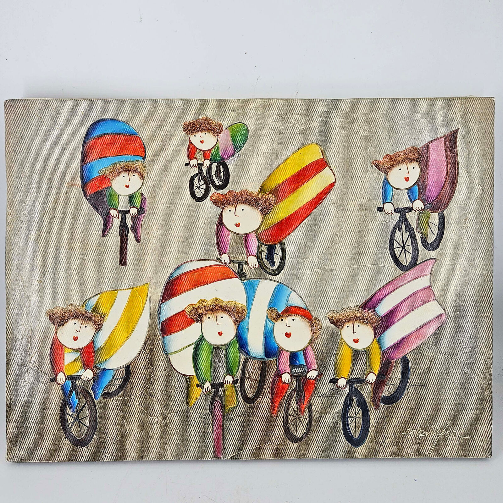 Vintage Joyce Roybal Signed Print on Canvas Bycicle Family 16 X 12