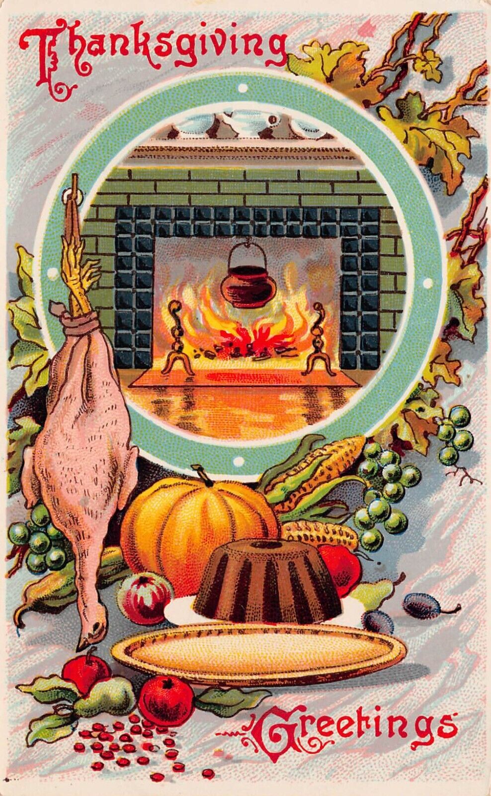 Antique Thanksgiving Card Large Turkey Fireplace Cauldron Vtg Postcard C66