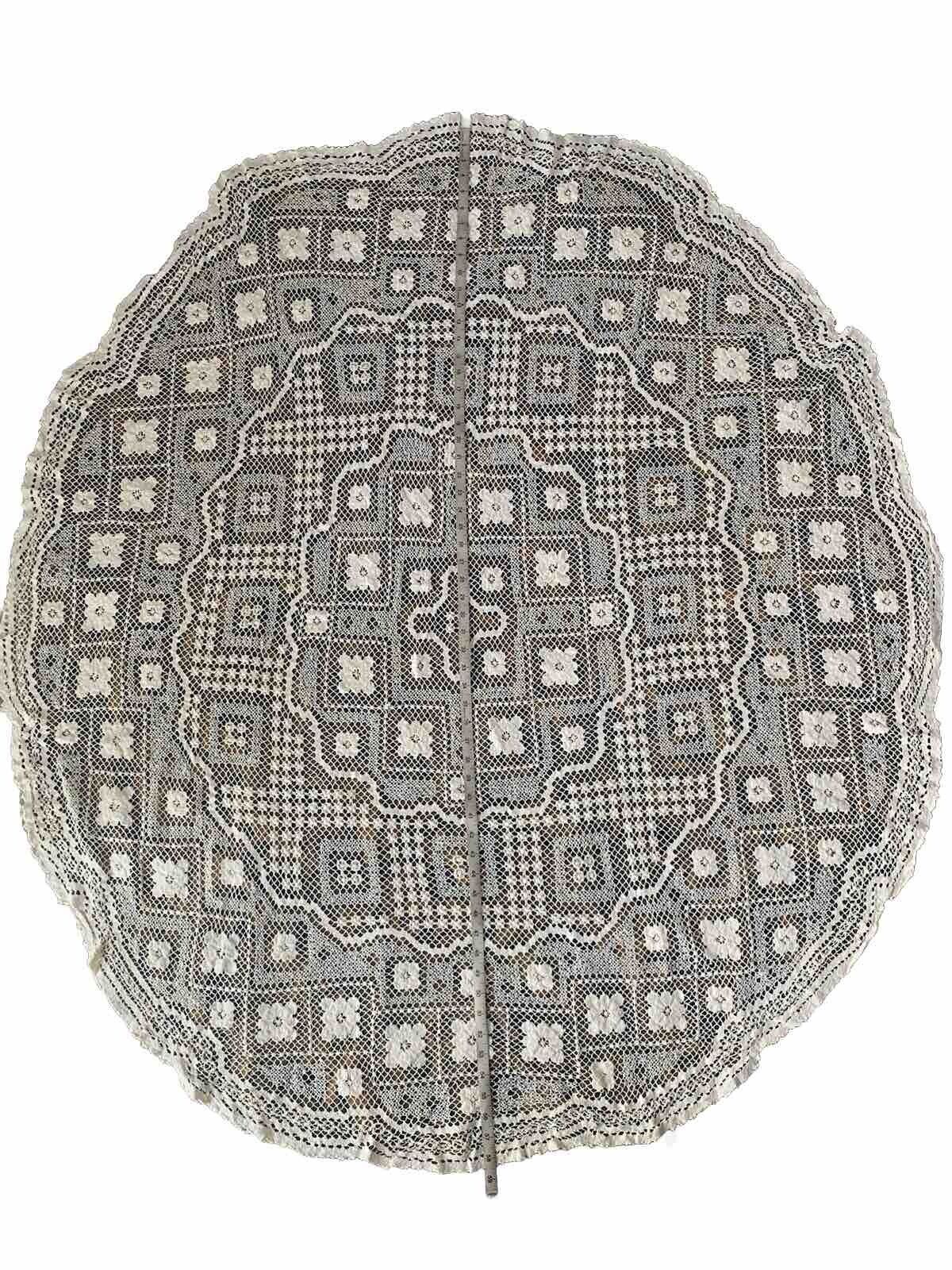 Antique Beige Floral Crochet Small Oval Tablecloth 