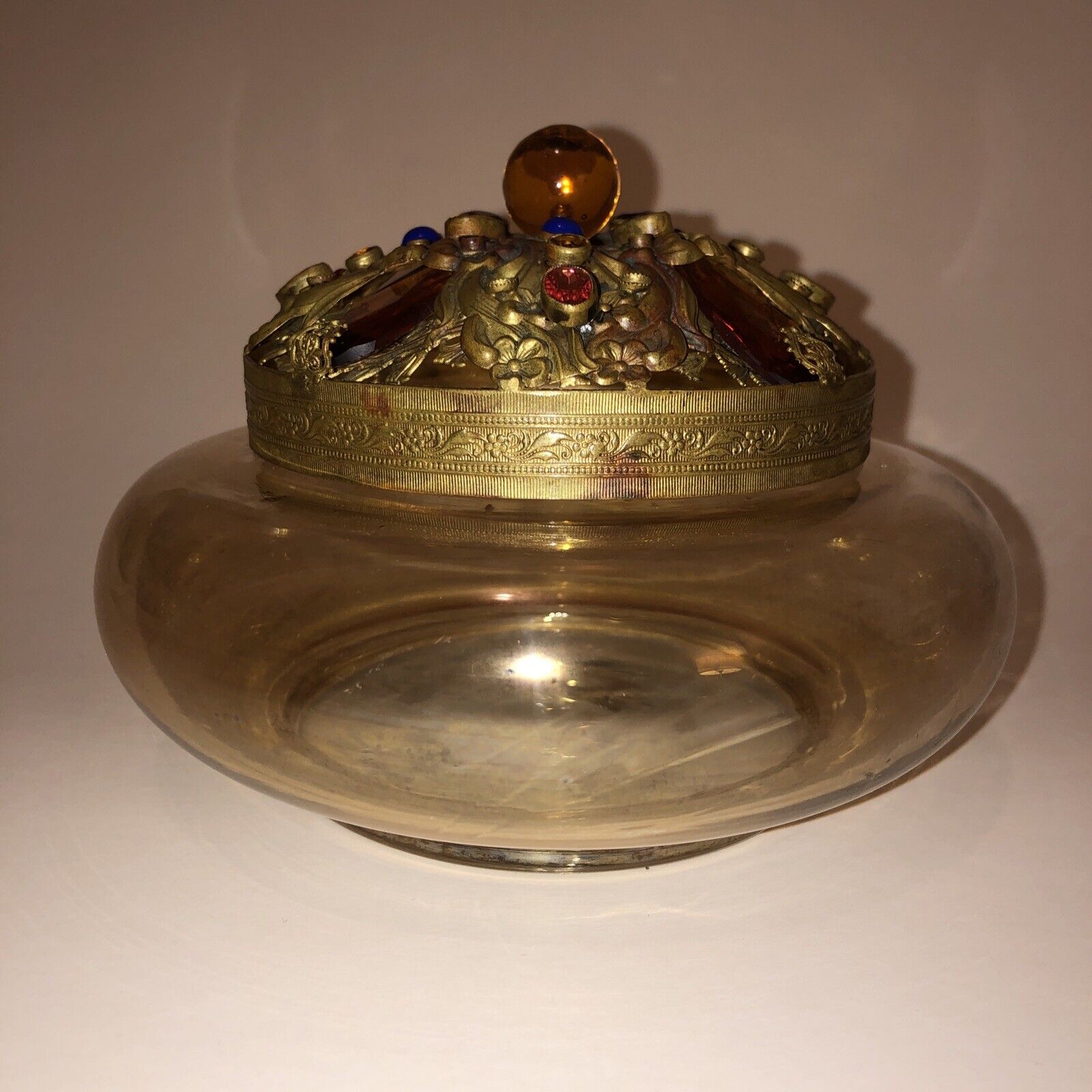 1920s Art Deco Czech Glass Powder Dresser Vanity Jar  Brass Filigree Jeweled Lid