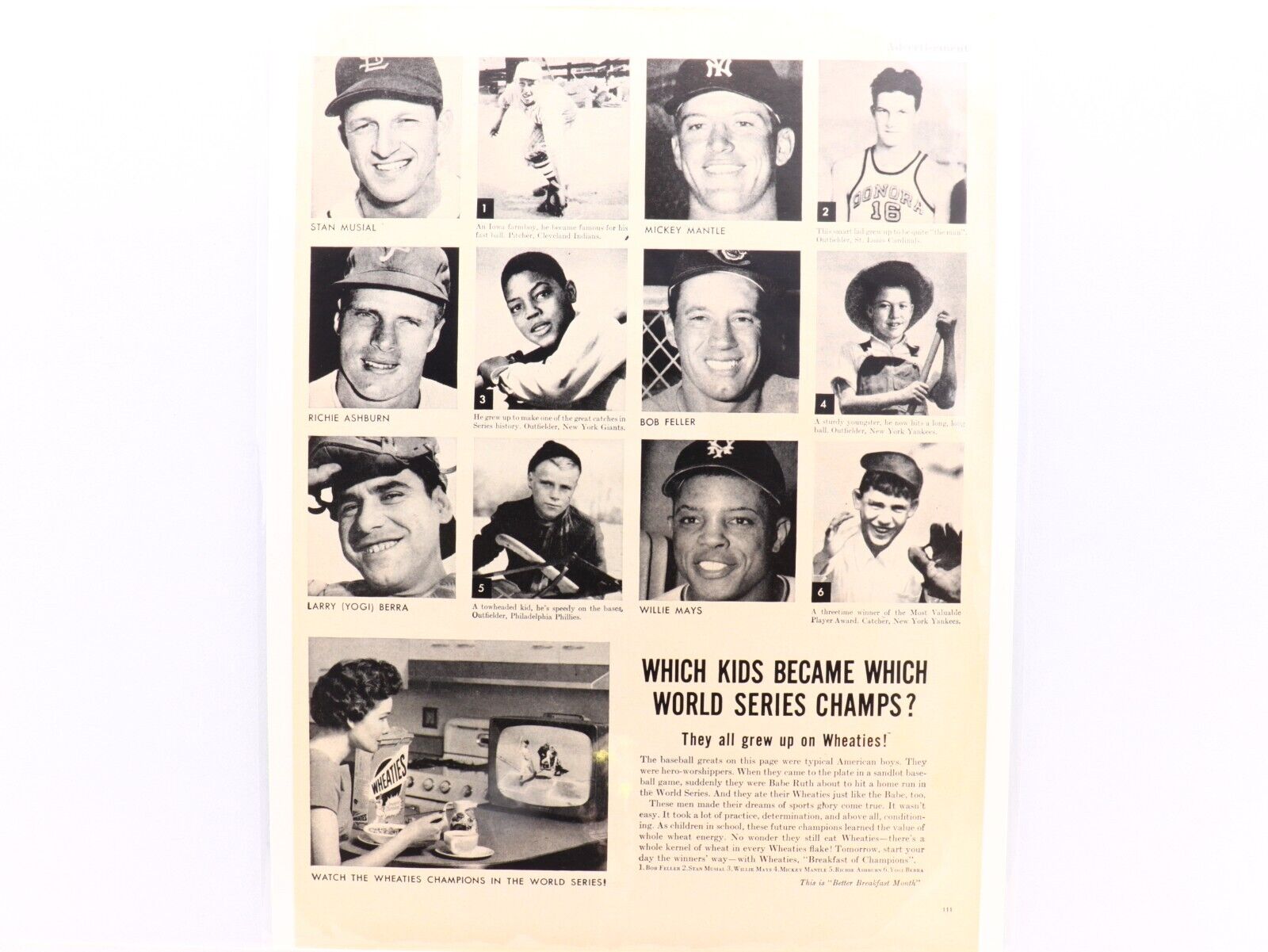 1956 Wheaties Ad Showing Photos Of 6 World Series Champs With Childhood Photos.