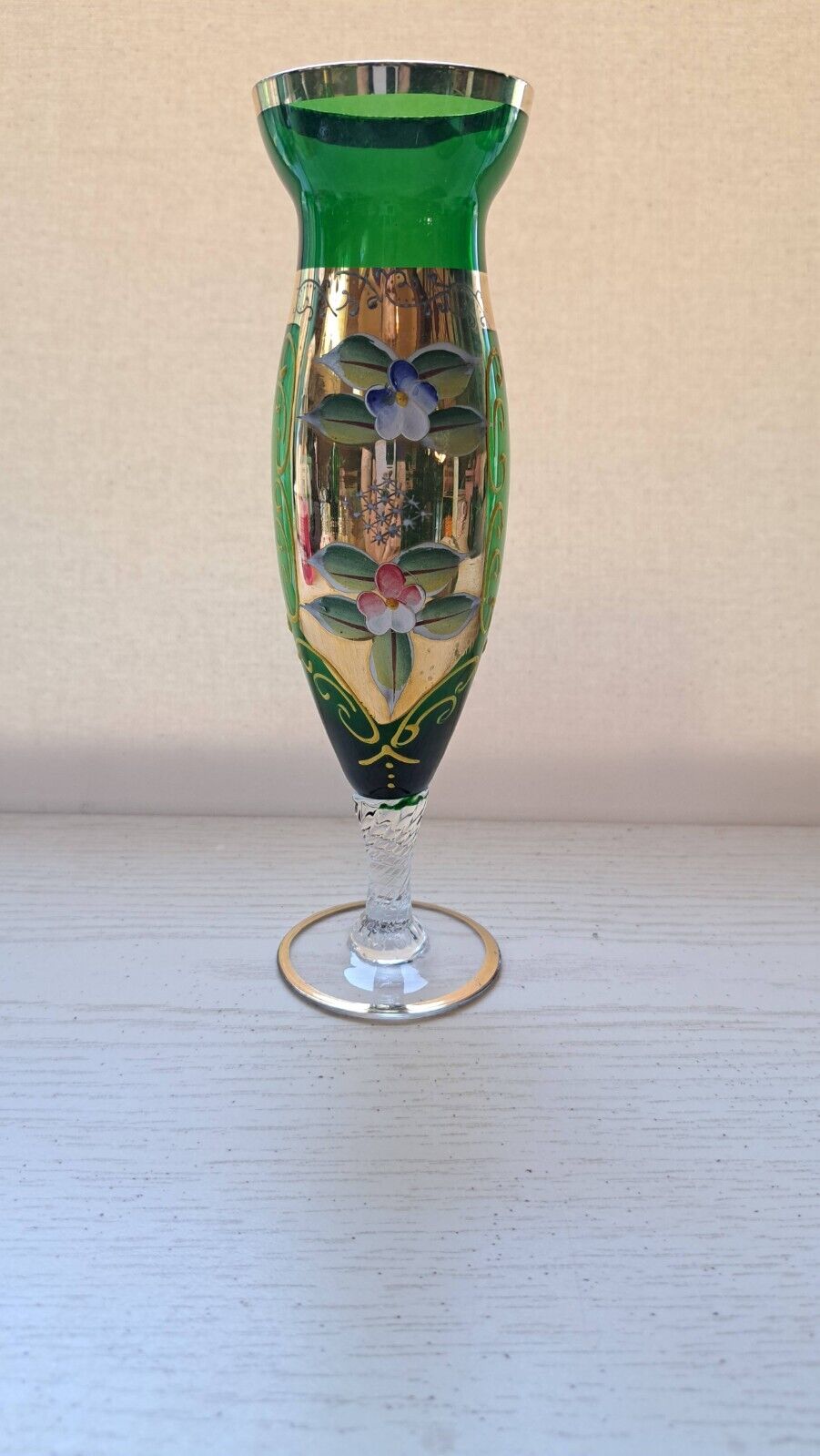 Vintage Bohemian Green  Glass Hand Painted Gilded Bud Vase Spiral Stem VGC
