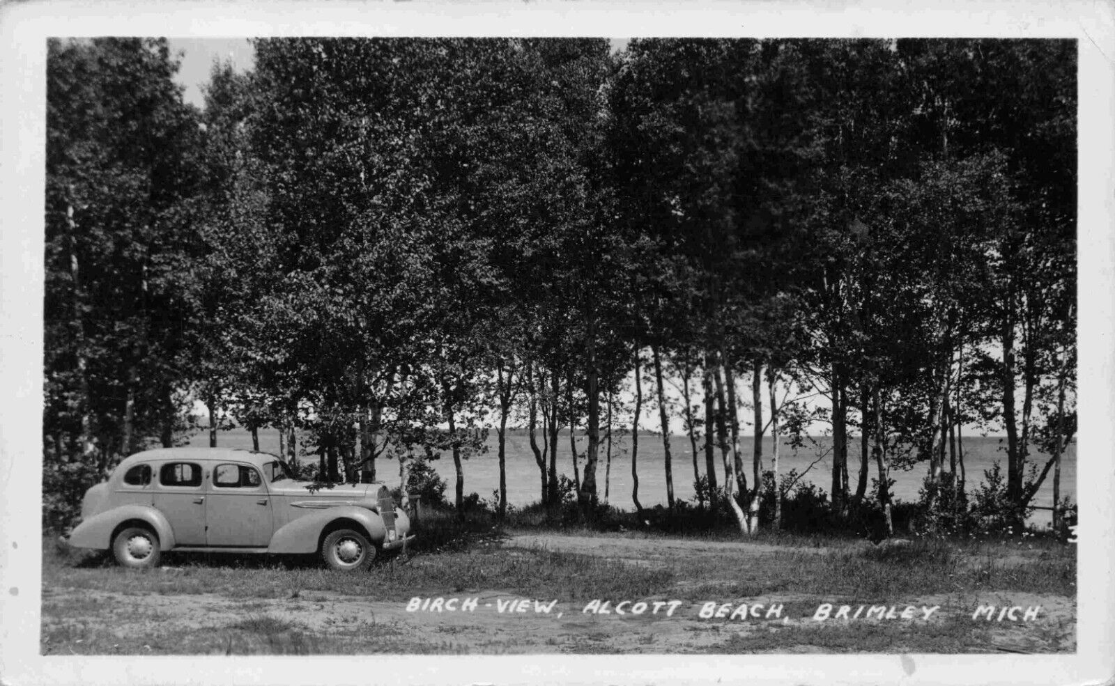 RPPC Brimley Michigan Alcott Beach c1953 Vintage Car Chippewa County Postcard