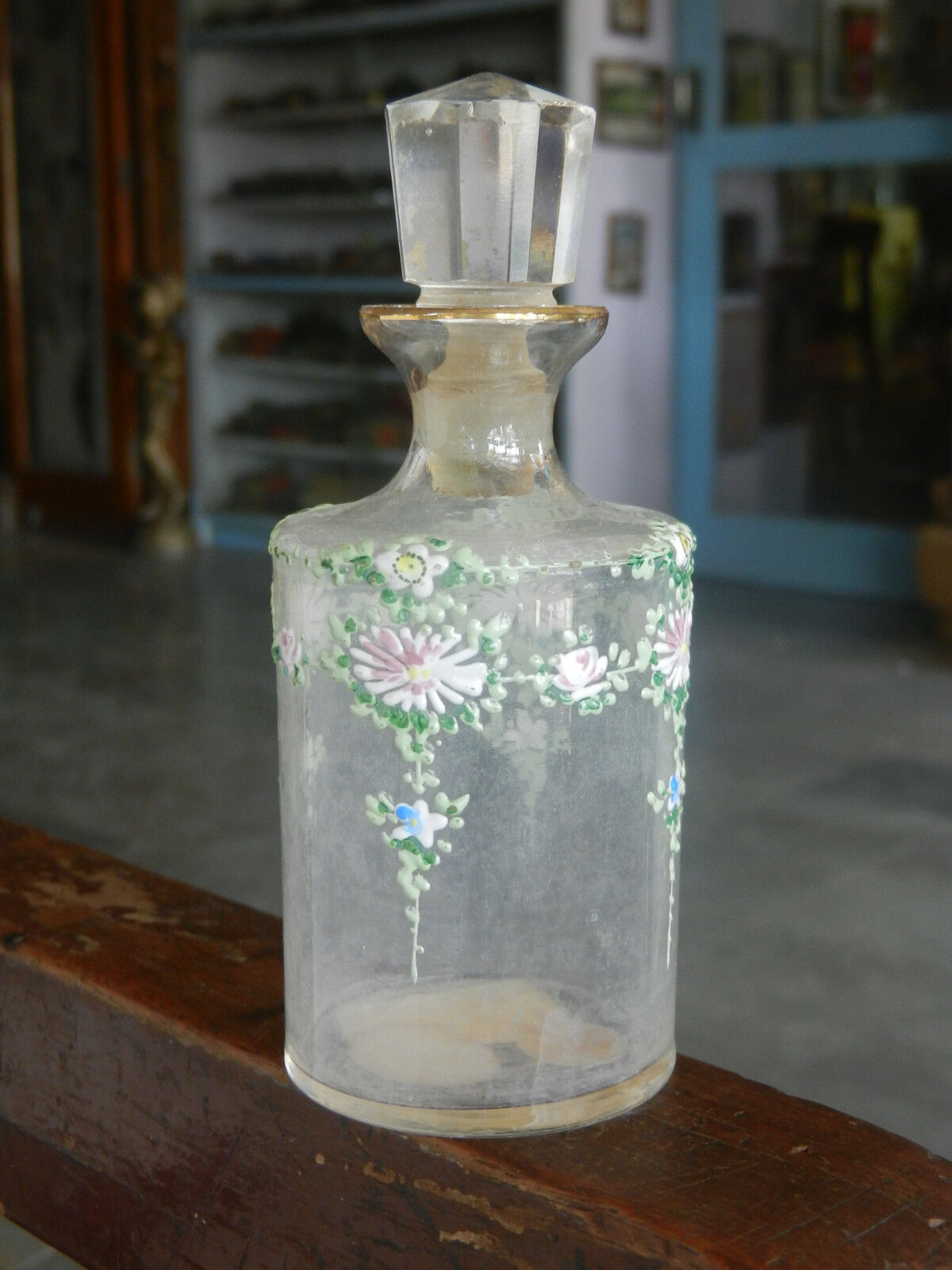Vintage Cylindrical Floral Enamel Painted Glass Perfume Bottle, Czechoslovakia