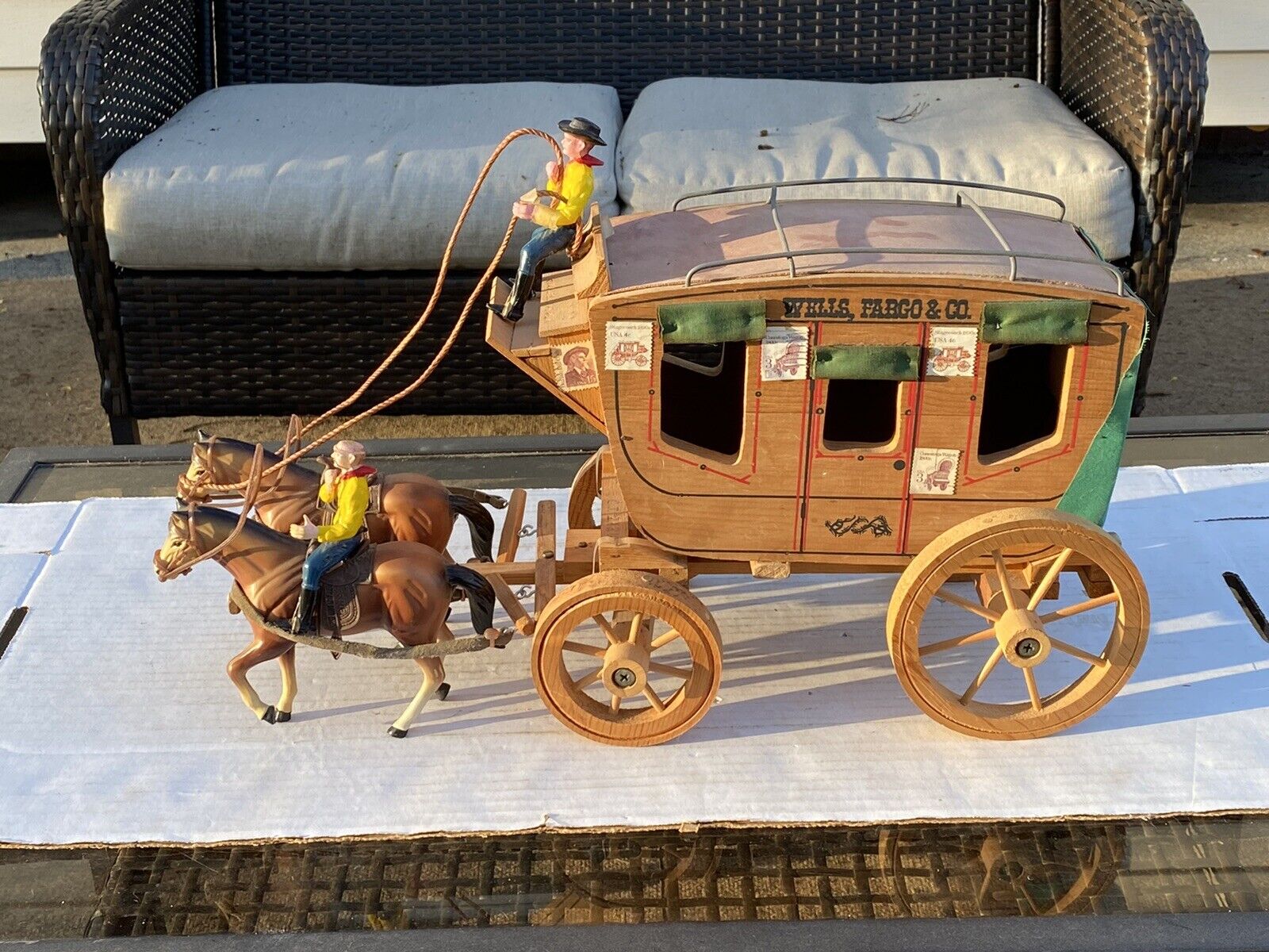 Vintage Wells Fargo & Co. Stage Coach Model Toy Wood W/ Horses & Riders