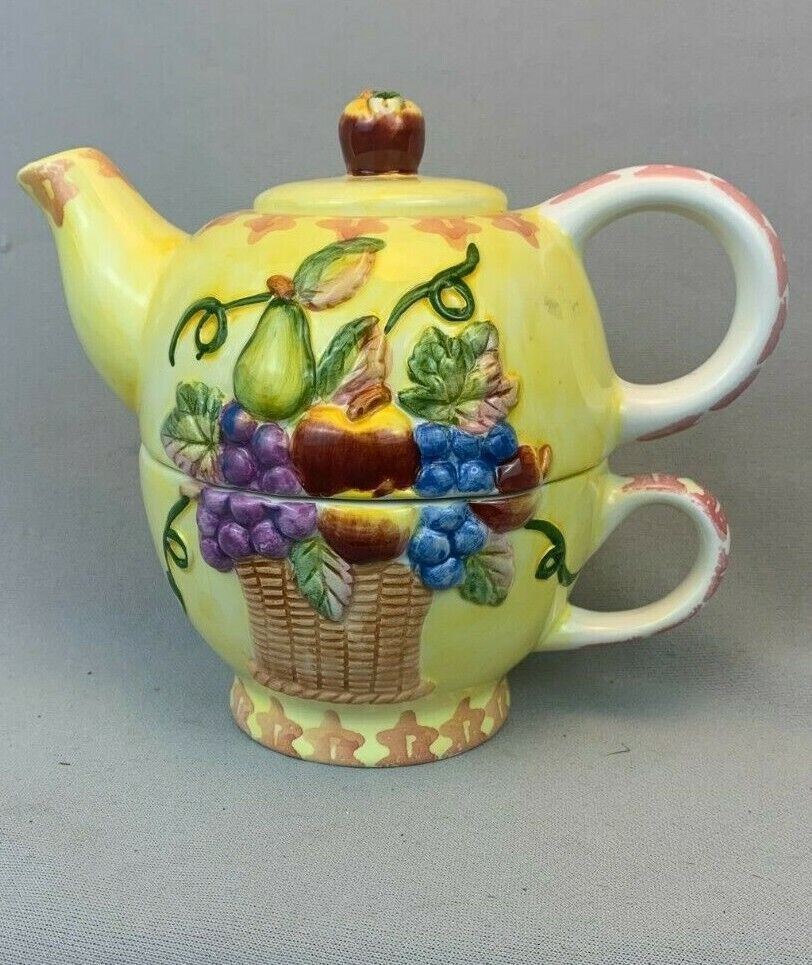 Nantucket Porcelain Tea Pot/Cup for One 3 Piece Set Fruit Basket - Yellow & Pink