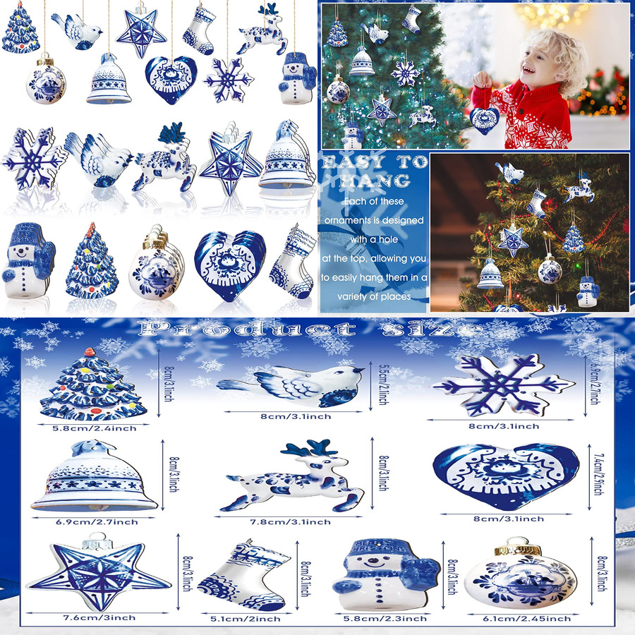 Chinoiserie Ornaments Blue and White Porcelain Christmas Wooden, New 40 Pieces 
