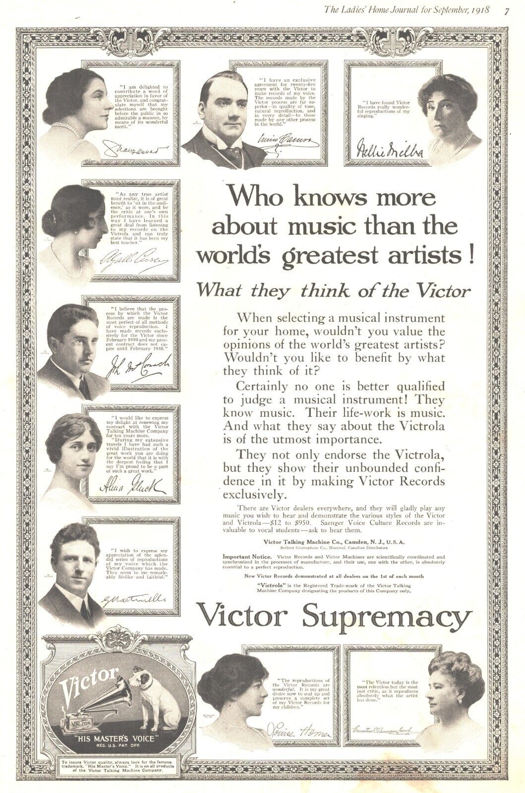1918 Victor Phonograph Antique Print Ad WW1 Era Supremacy Worlds Greatest Artist