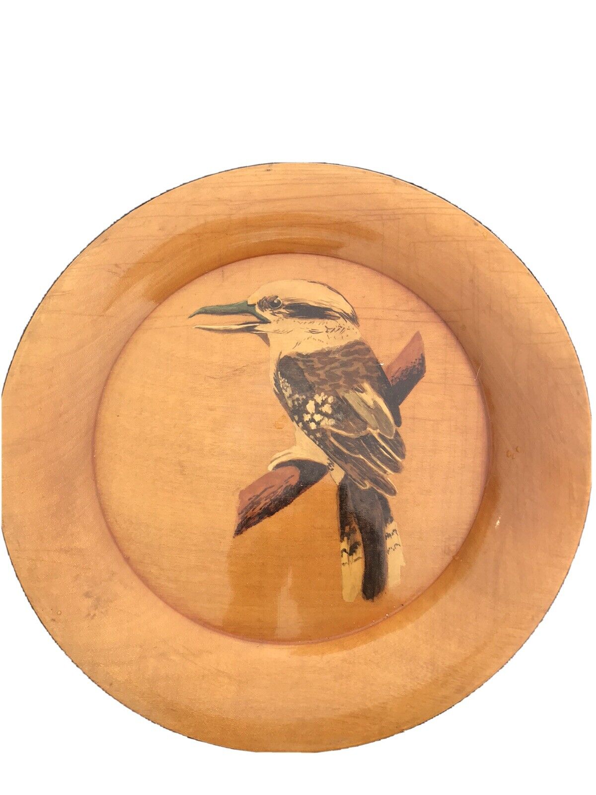 9 3/4” Blond Mahogany Wood Handpainted Kingfisher Bird Plate Signed Warner 1949