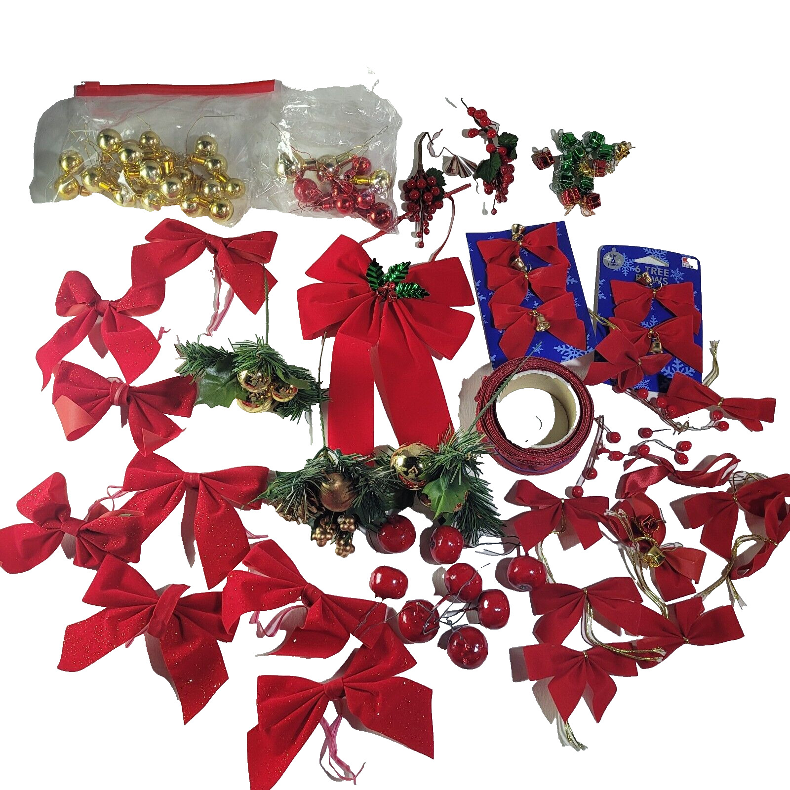 Vintage Christmas Craft Lot Wreath Bows Ornaments Ribbon Junk Drawer