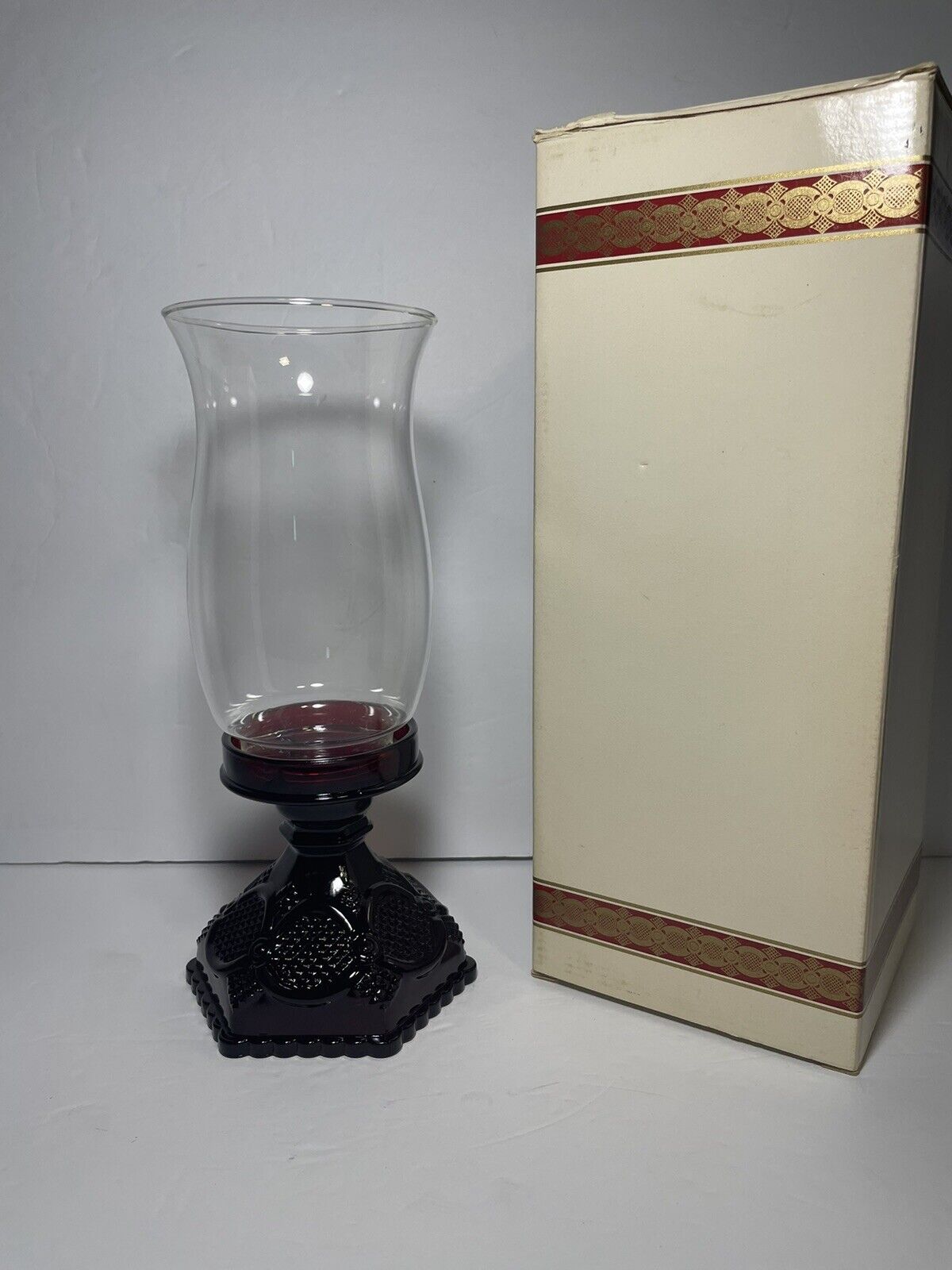 Avon Cape Cod 1876 WITH BOX Vintage Ruby Red Glass Hurricane Candle Lamp- 1985