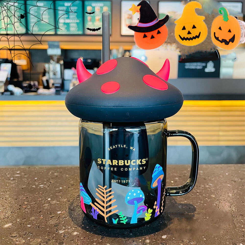 2023 Starbucks Halloween Black Mushroom Cup Mason Glass Cup Tumbler 525ml / 18oz
