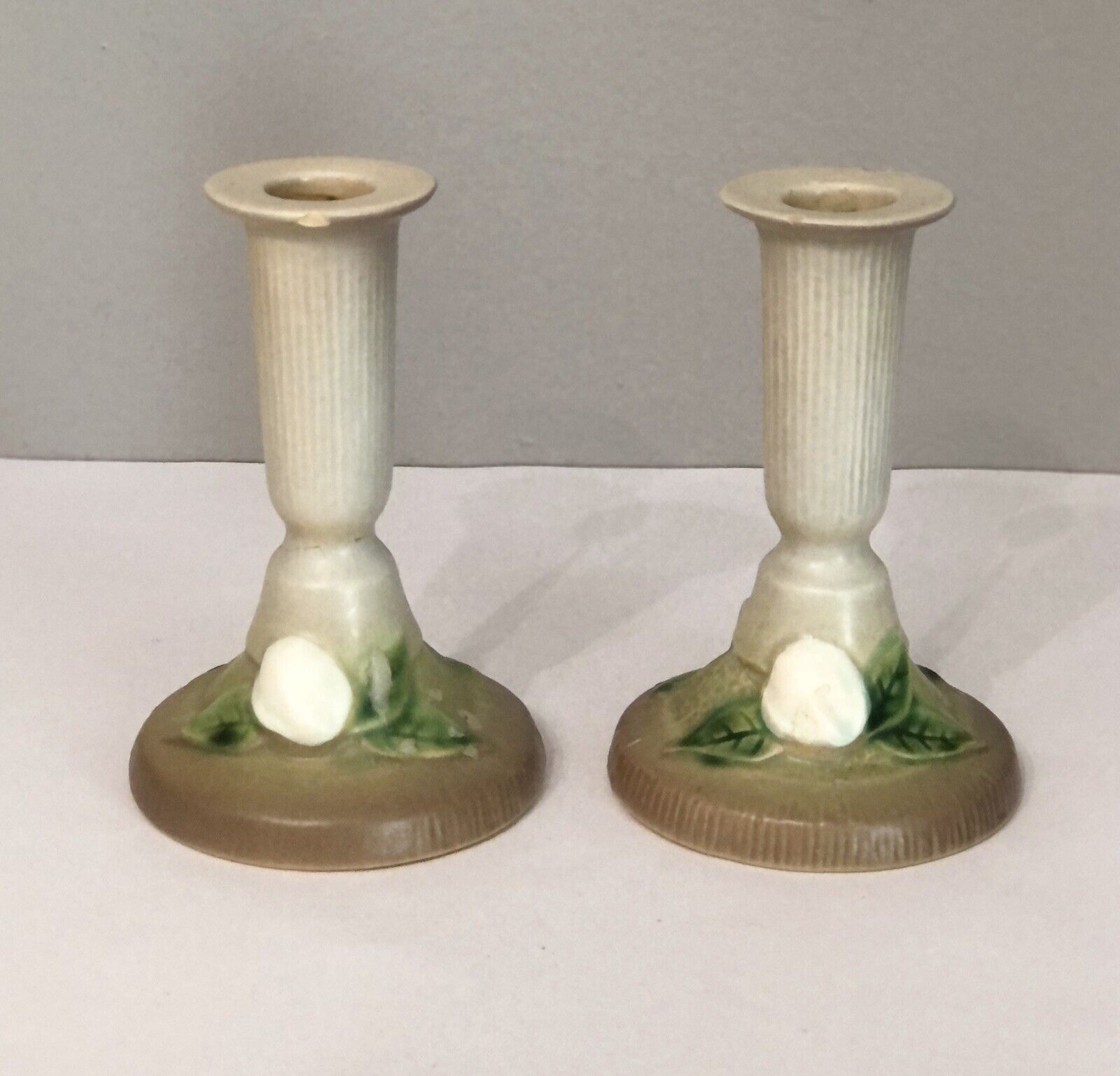 Pair Of Two (2) Roseville Gardenia Candle Holders Marked 652 - 4.5 Chips
