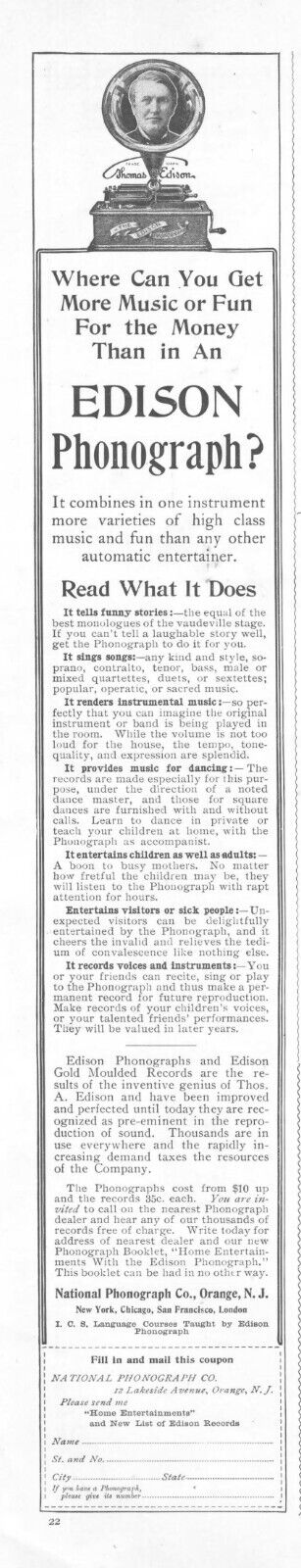 1905 Edison Phonograph Antique Print Ad More Music More Fun