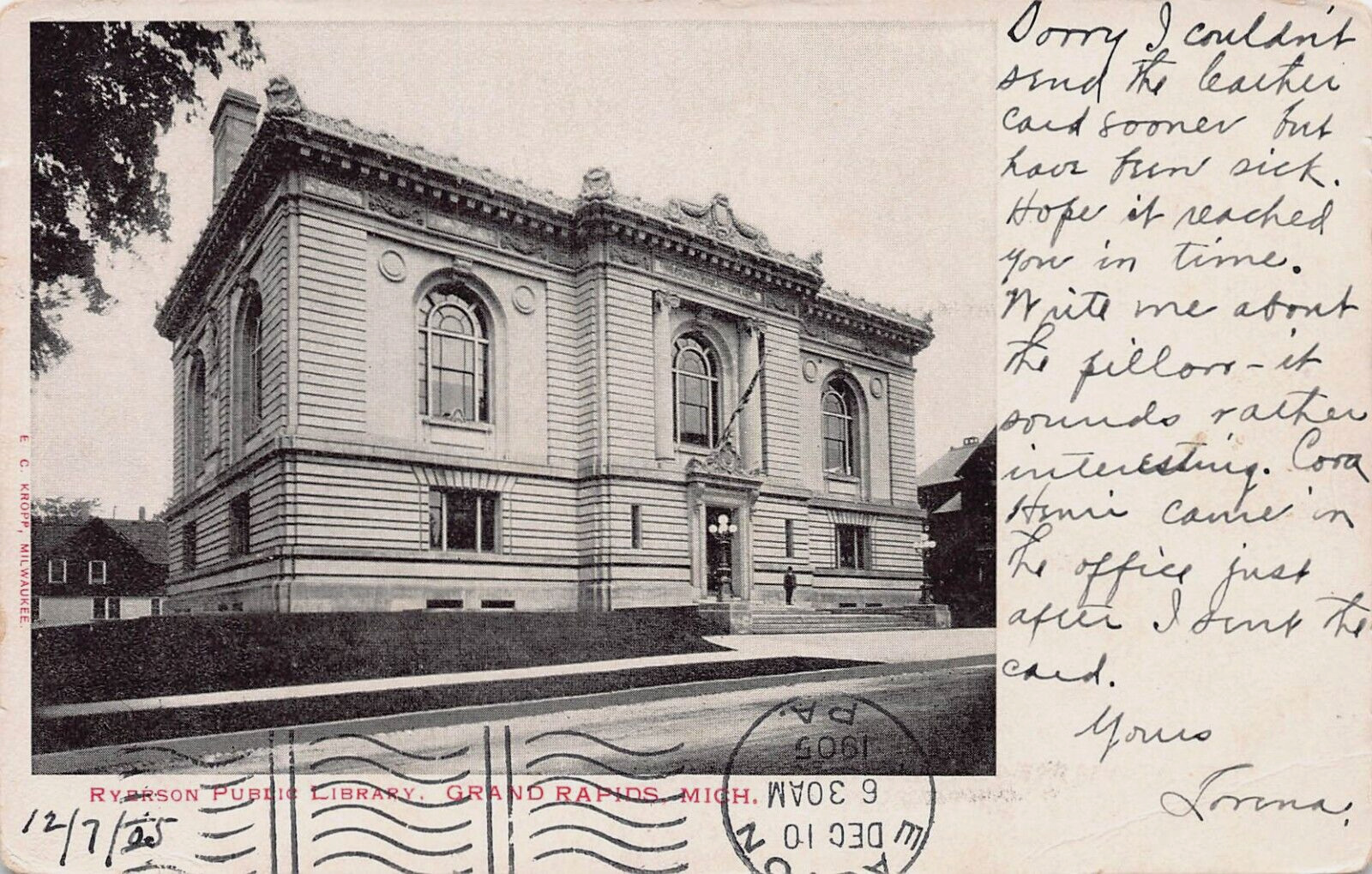 Ryerson Public Library, Grand Rapids, Michigan, Early Postcard, Used in 1905
