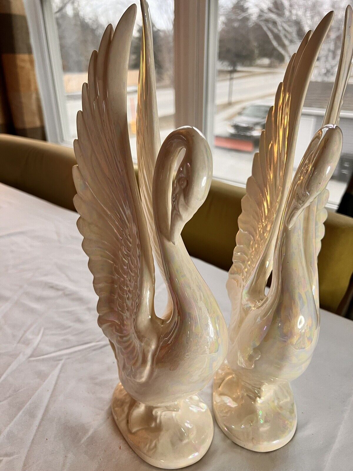 VTG Lg Pair of Pearl Iridescent Swans Decor 14” Tall Signed 1964 Art Deco Style