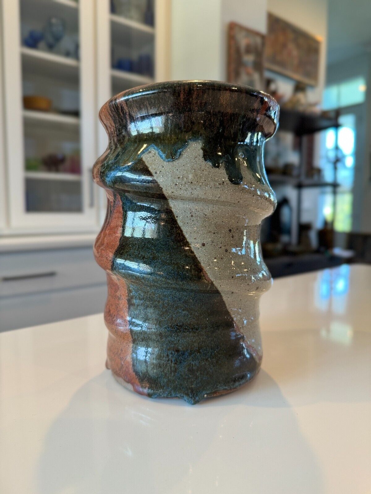 Vintage Signed Studio Art Stoneware Pottery Blue Drip Glaze Vase Vessel