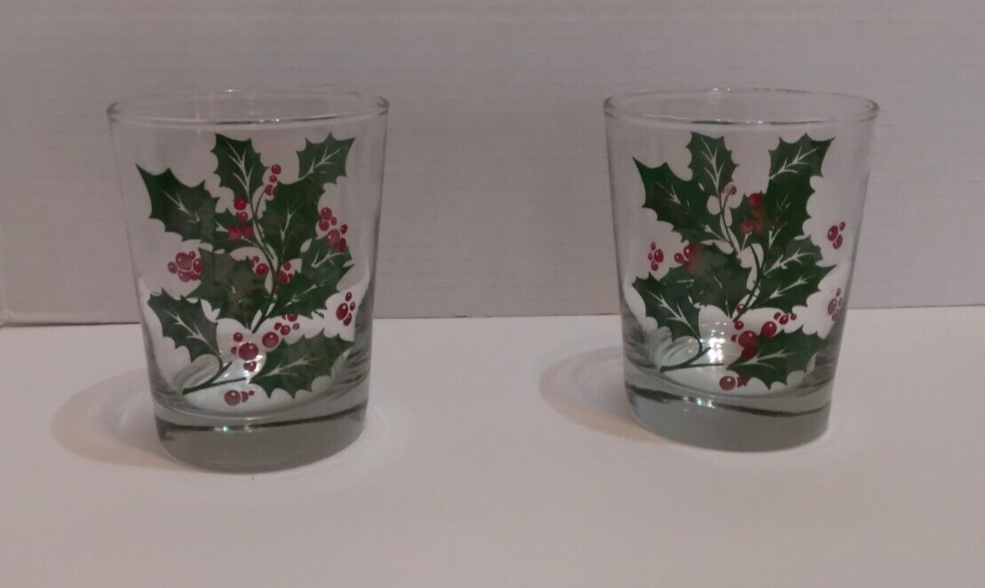 Vintage Anchor Hocking Holly Berry Rocks Tumblers Set of 2