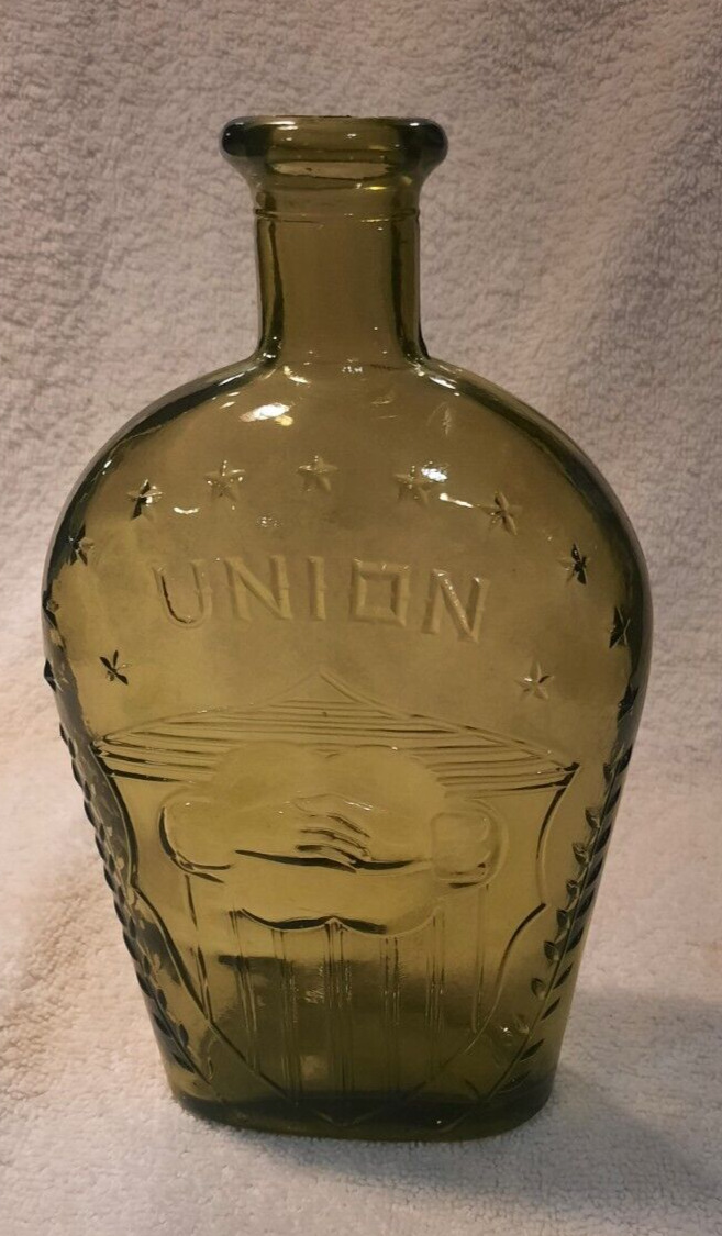 Antique Union Ylw/Grn Glass Bottle Large Flask Clasped Hands 13 Stars 8.5\