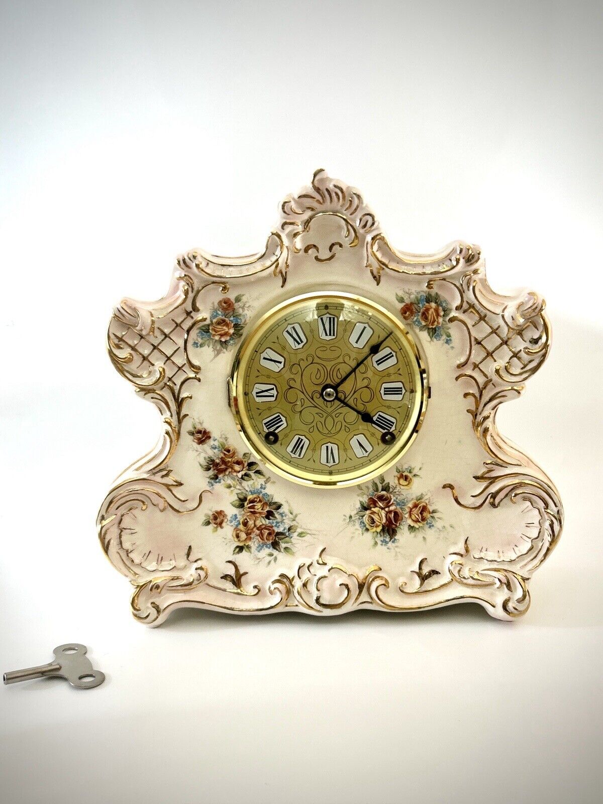 Vintage Ansonia Royal Bonn Style Mantel Shelf Clock w/Key NAWCC Pink Roses Case