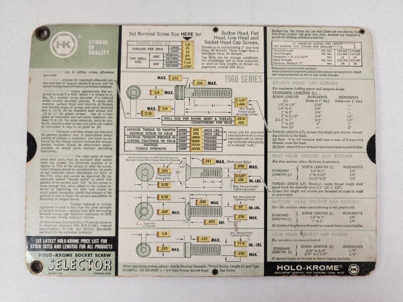 Holo-Krome Socket Screw Selector Calculator 1967 (West Hartford, CT) Slide Rule