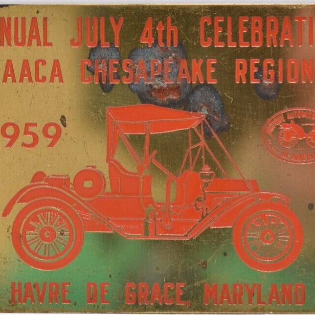 1959 July 4th Picnic Meet AACA Antique Car Show Havre De Grace Maryland Plaque