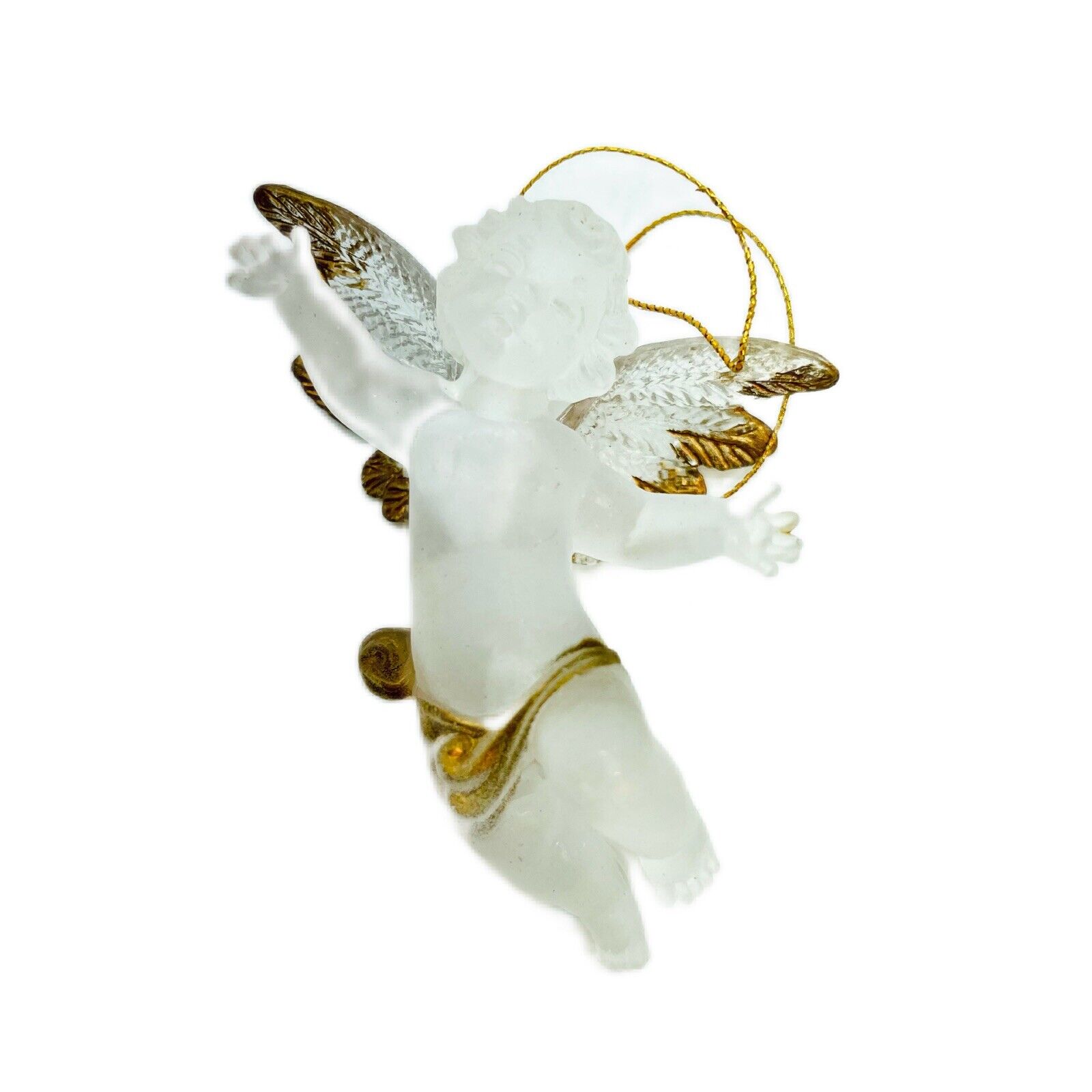 Vintage Christmas Tree Ornament Flying Angel Cherub Hand Painted Gold Wings 2.5\