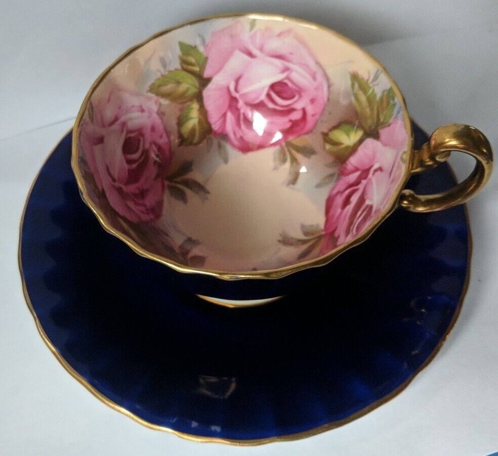 Aynsley England Teacup And Saucer 4 Floating Pink Cabbage Rose DAMAGE