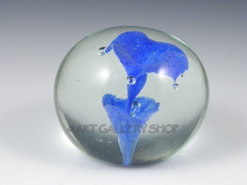 Vintage 1989 Studio Art Glass PAPERWEIGHT SIGNED RAY BROWN Blue Flower & Bubble