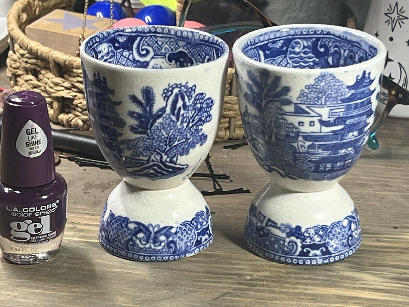 Vintage England  Set Of 2 Scenery Blue White Transfer Double Egg Cups.