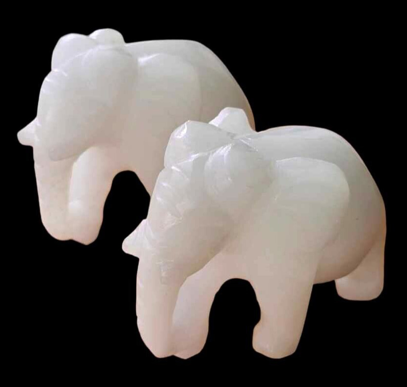 2 Icy White Jadeite Hand Carved Jade Elephant Figurines