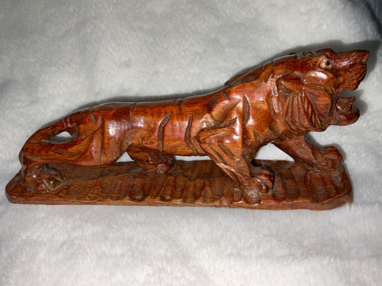 Vtg Beautiful Vintage Wood Hand Carved Tiger Roaring Glass Eyes 8” G30