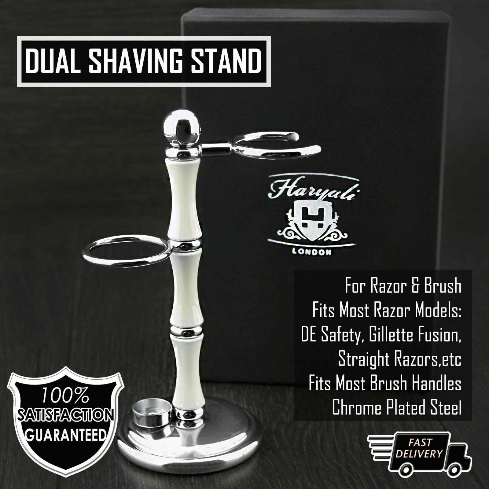 Elegant Ivory color 3 Ring Dual Shaving Brush & Razor Stand Holder Easy Holding