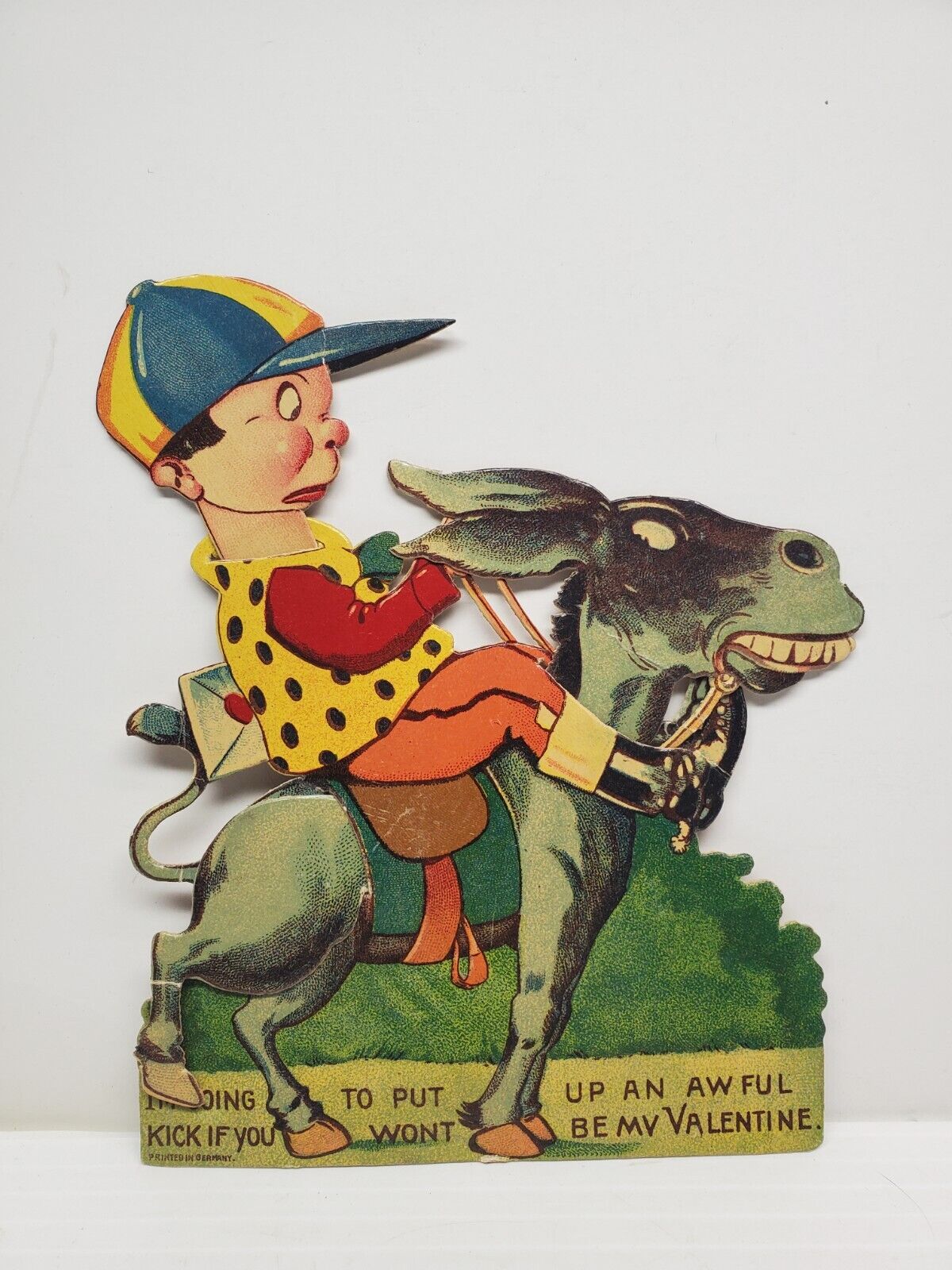 Awful Kick Vintage Mechanical Valentines Card Early 1900s Boy Riding Donkey