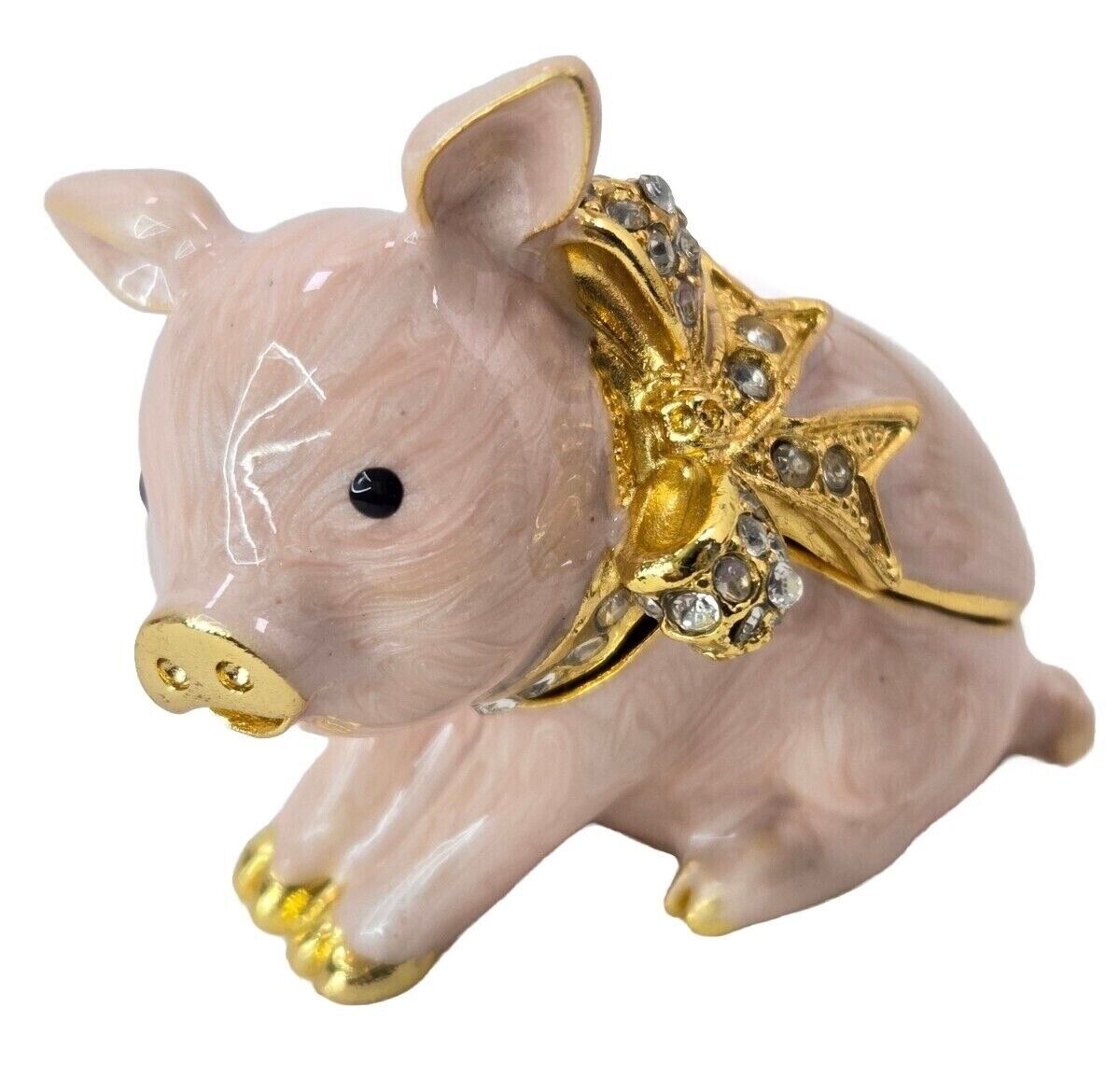 Small Enameled Pink and Gold Rhinestone Piglet Hinged Metal Jewelry  Box