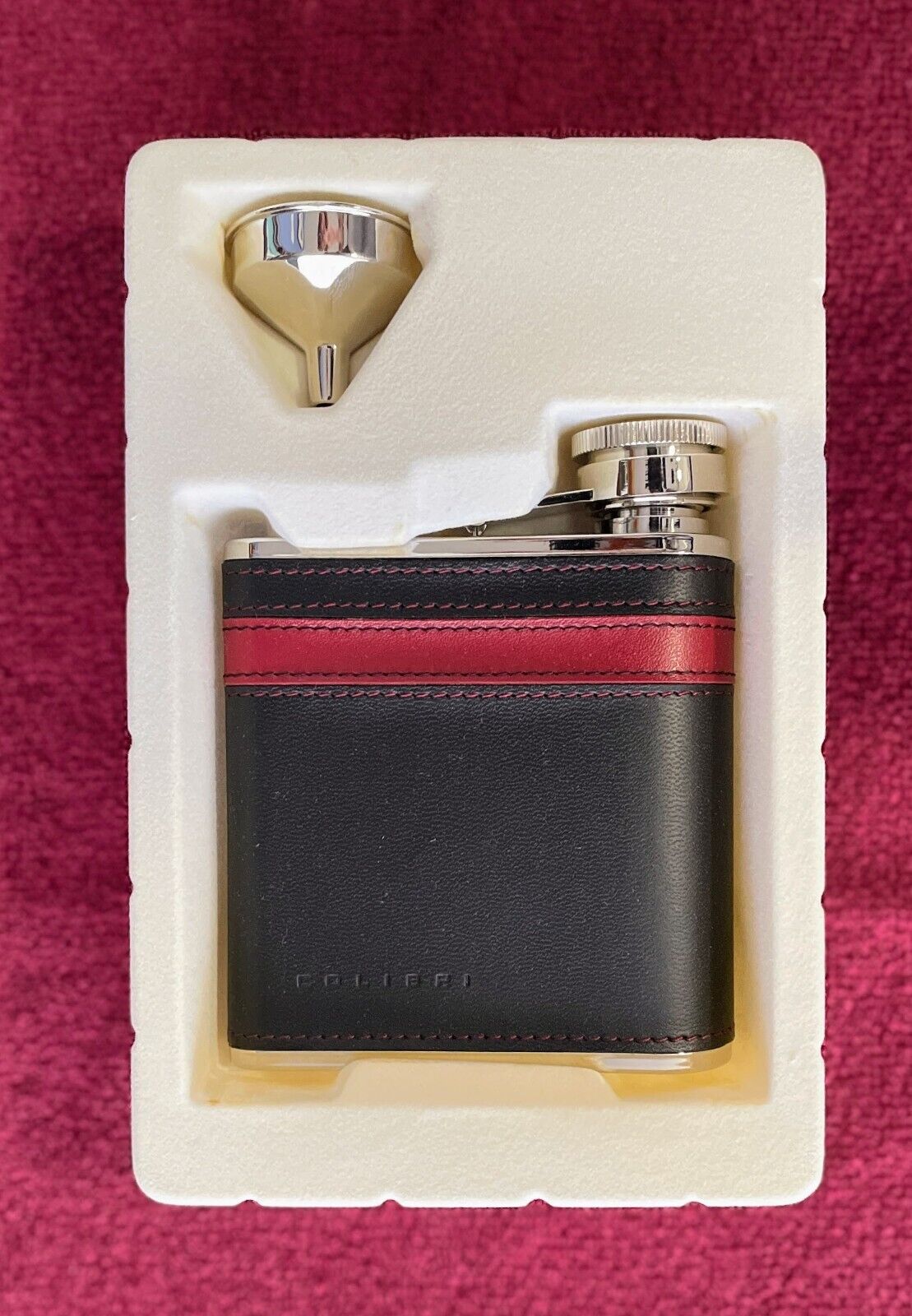 Rare Colibri of London Stainless Steel 6 oz. Leather Flask w/ Funnel