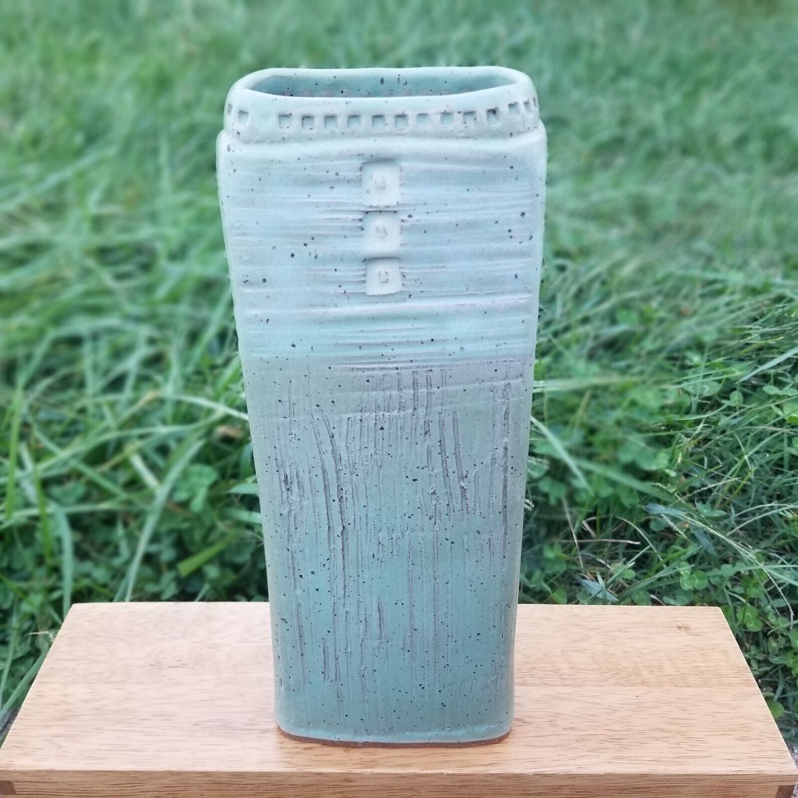 Aqua Green Rectangle Vase Signed Studio Art Pottery Asian Seafoam Chinese Tall