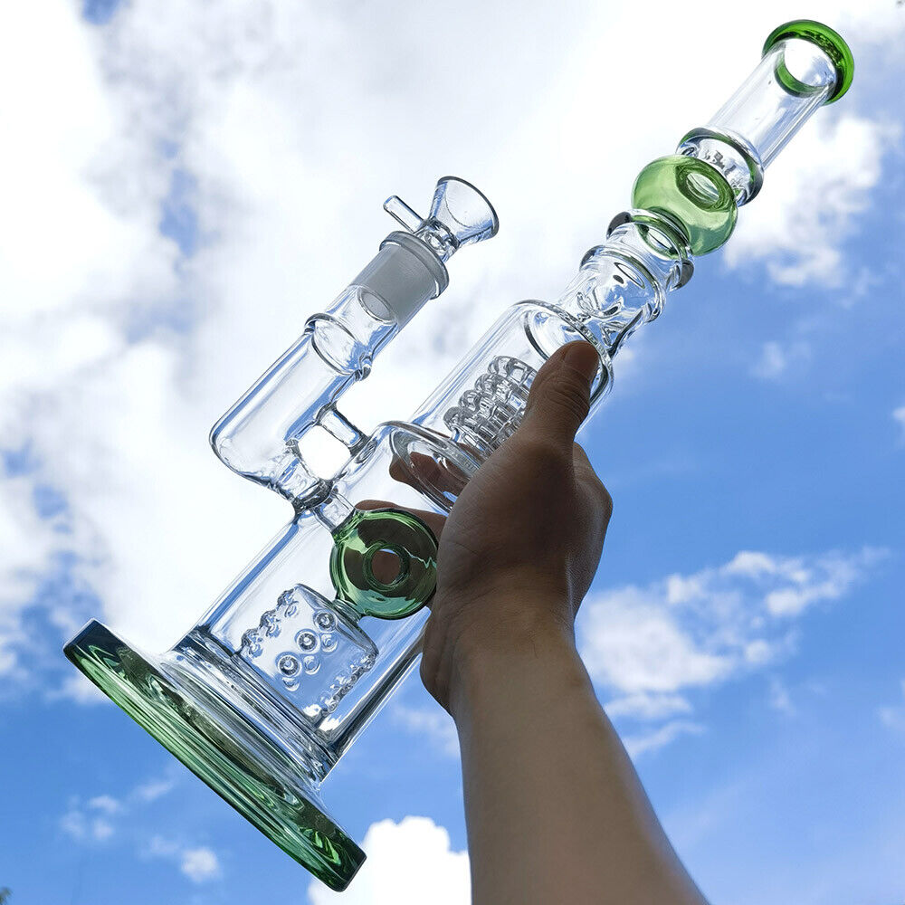 15 Inch Heavy Glass Glass Bong Hookah Two Perc Green Smoking Water Pipe + Bowl
