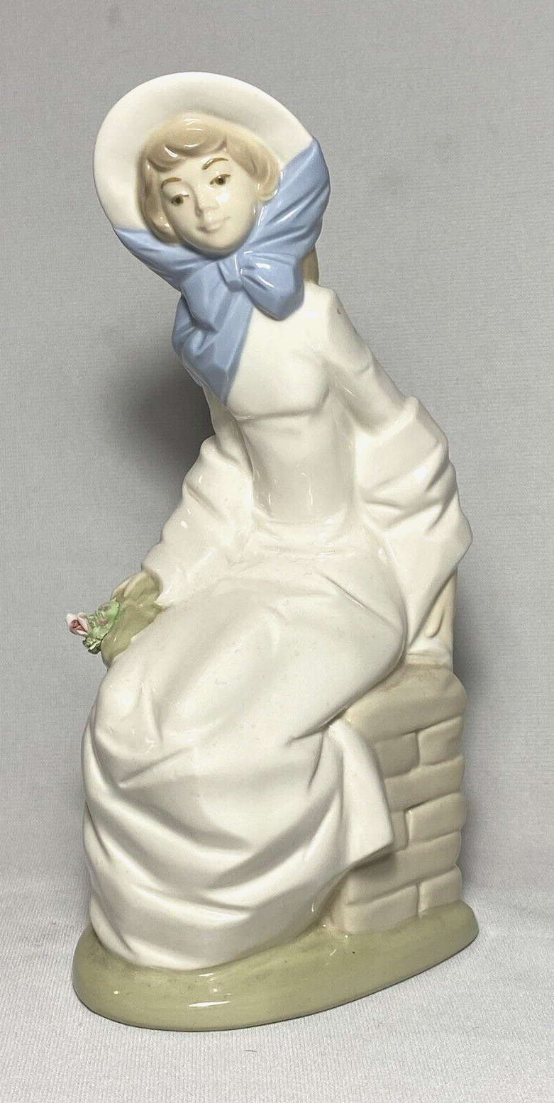 MIRMASU~ Early Handmade Porcelain YOUNG LADY Seated on Wall w/Hat Figurine~Spain