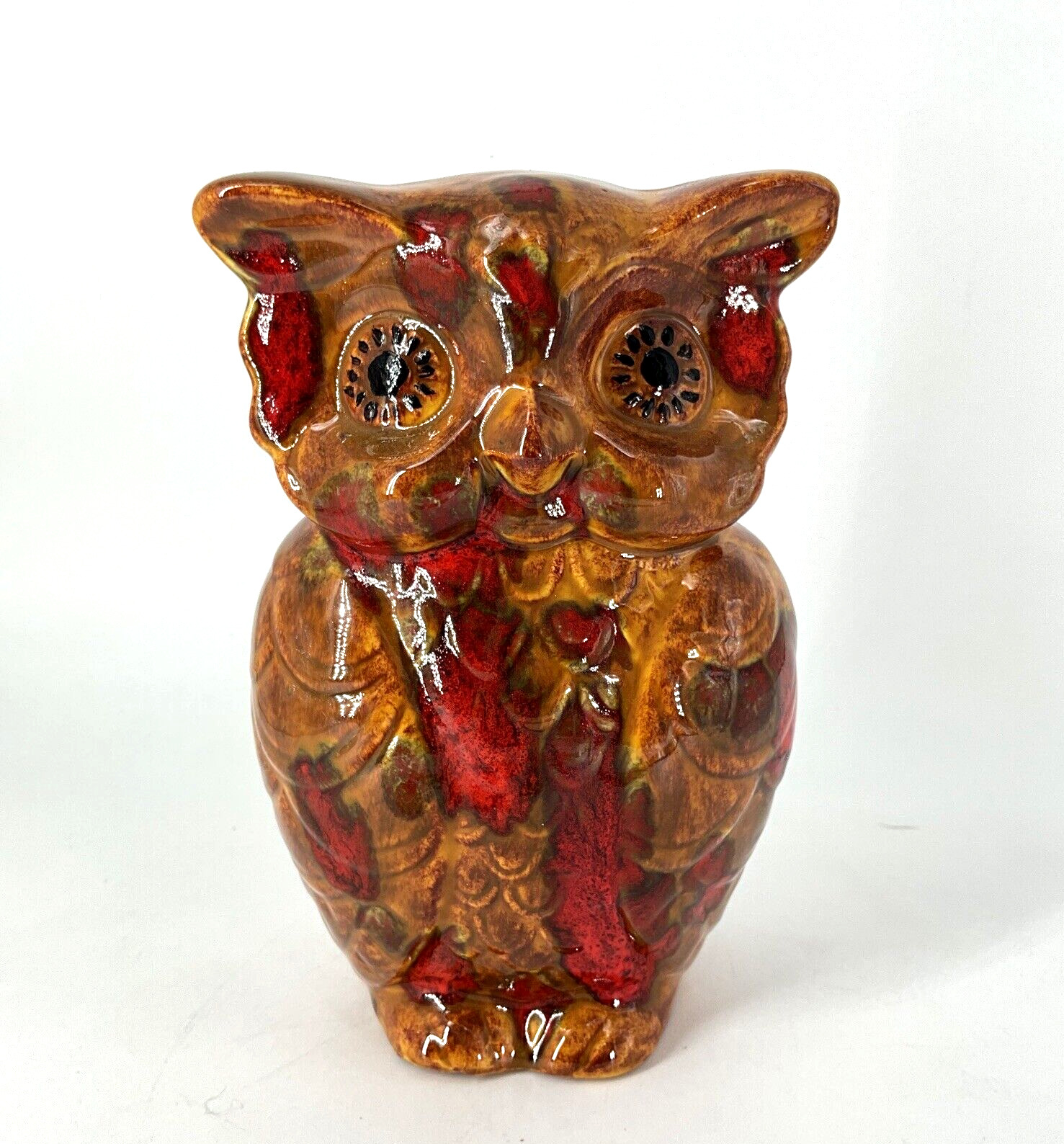 Vintage 70s ceramic OWL Coin Bank red brown groovy glaze
