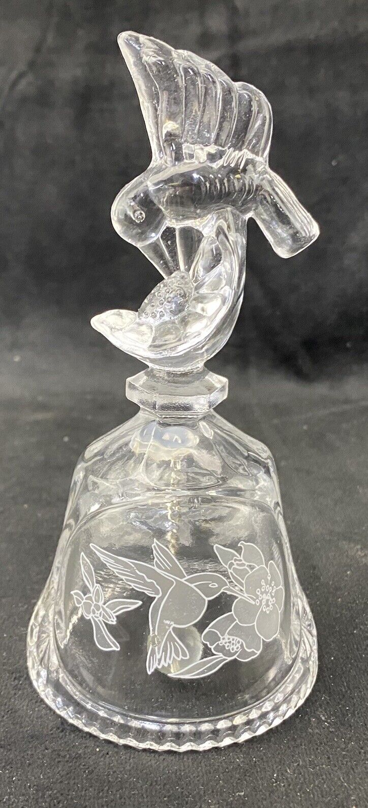 Vintage Artmark 1990 Etched Crystal Glass Bell Hummingbird Handle Sawtooth Rim