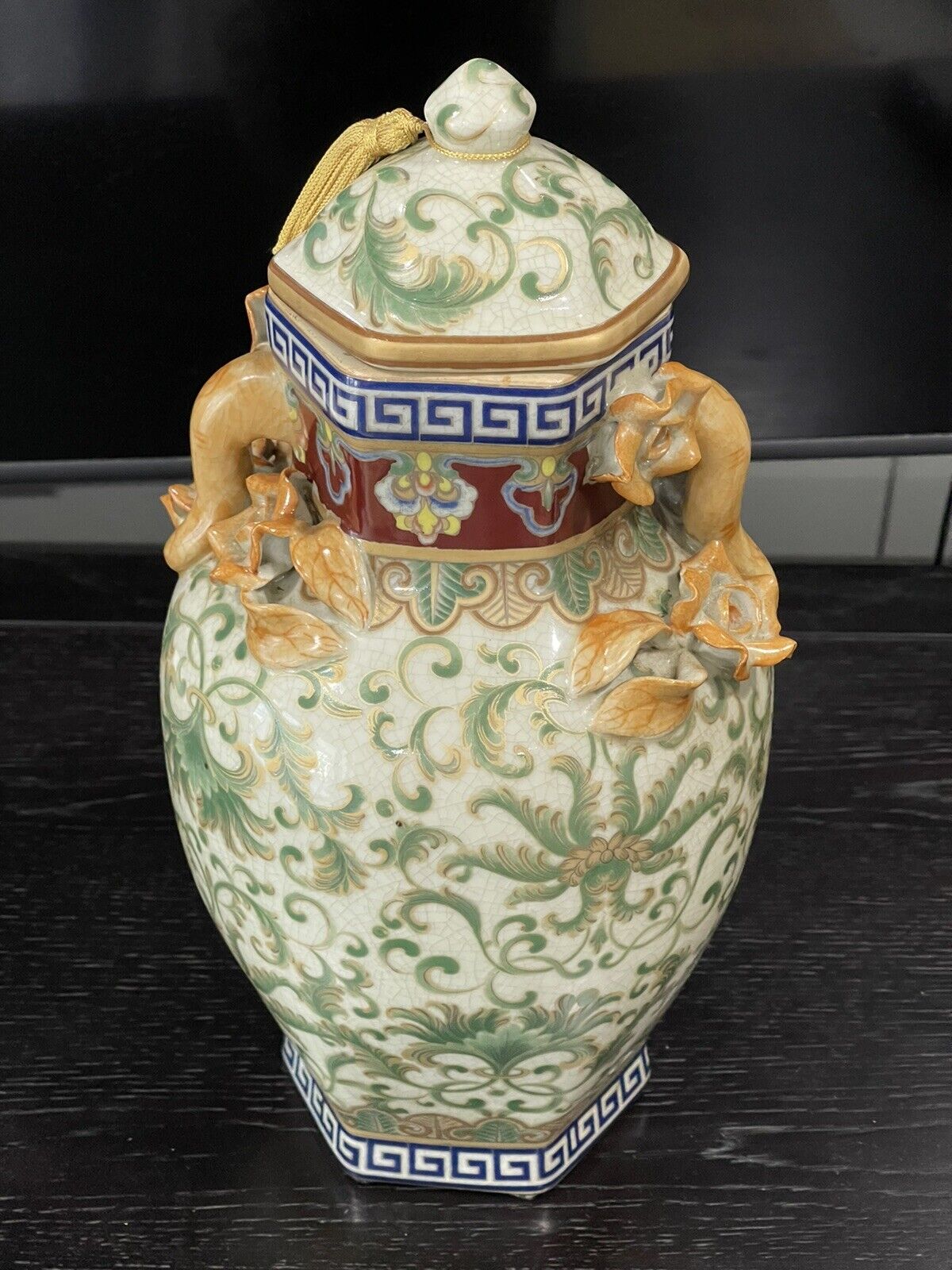 Chinese Crackle Glaze Urn Vase With Lid Approx. 12 In H. Beige And Olive Green