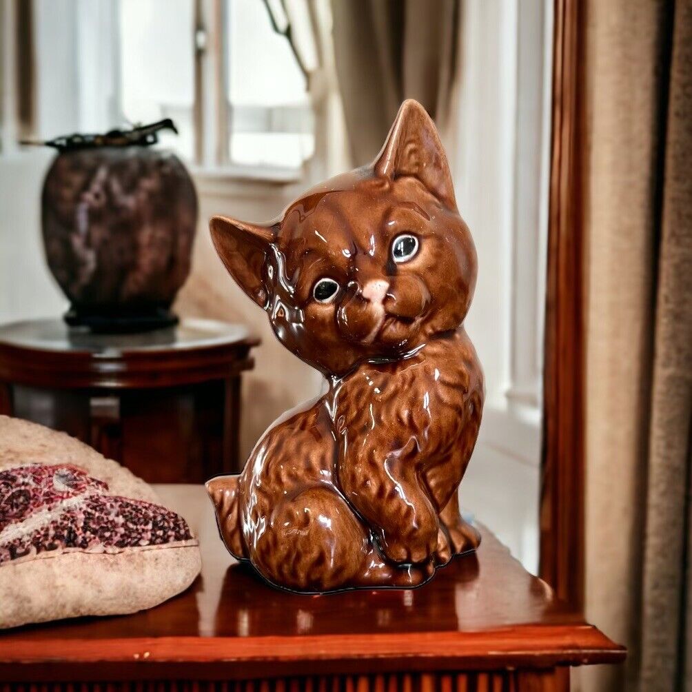 Vintage Brown Kitten Cat Figurine Cindy F. 1970s Glazed-Handcrafted Studio Made 